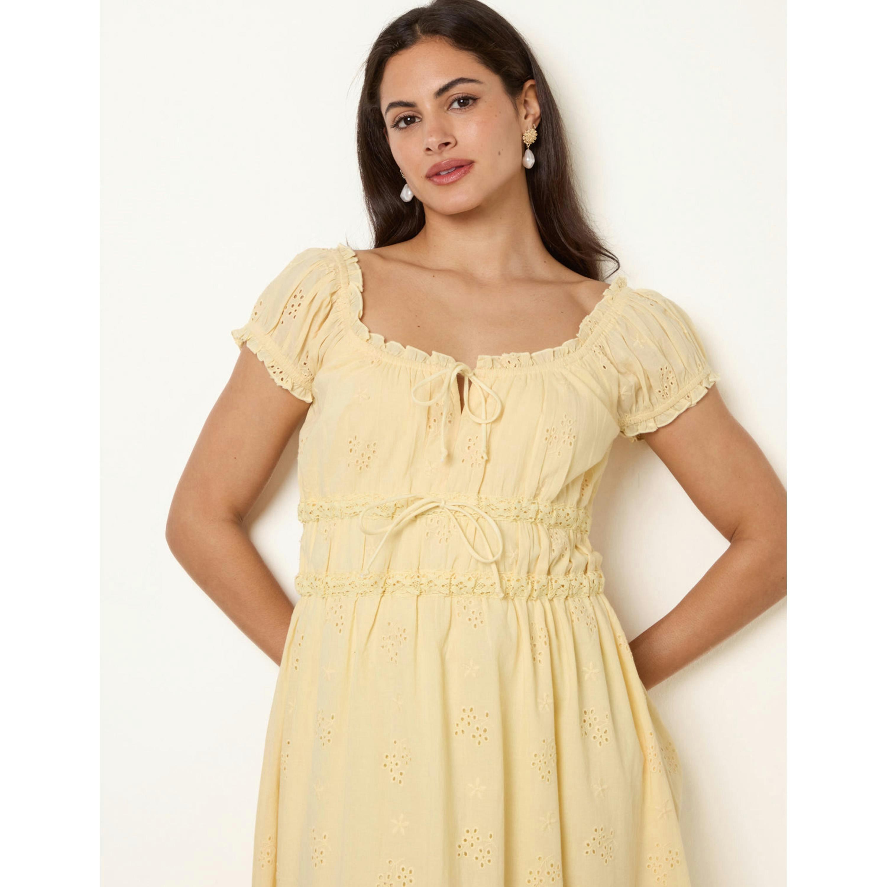 Blue Vanilla Broderie Front Tie Midi Dress  in Yellow , view 3 of 4
