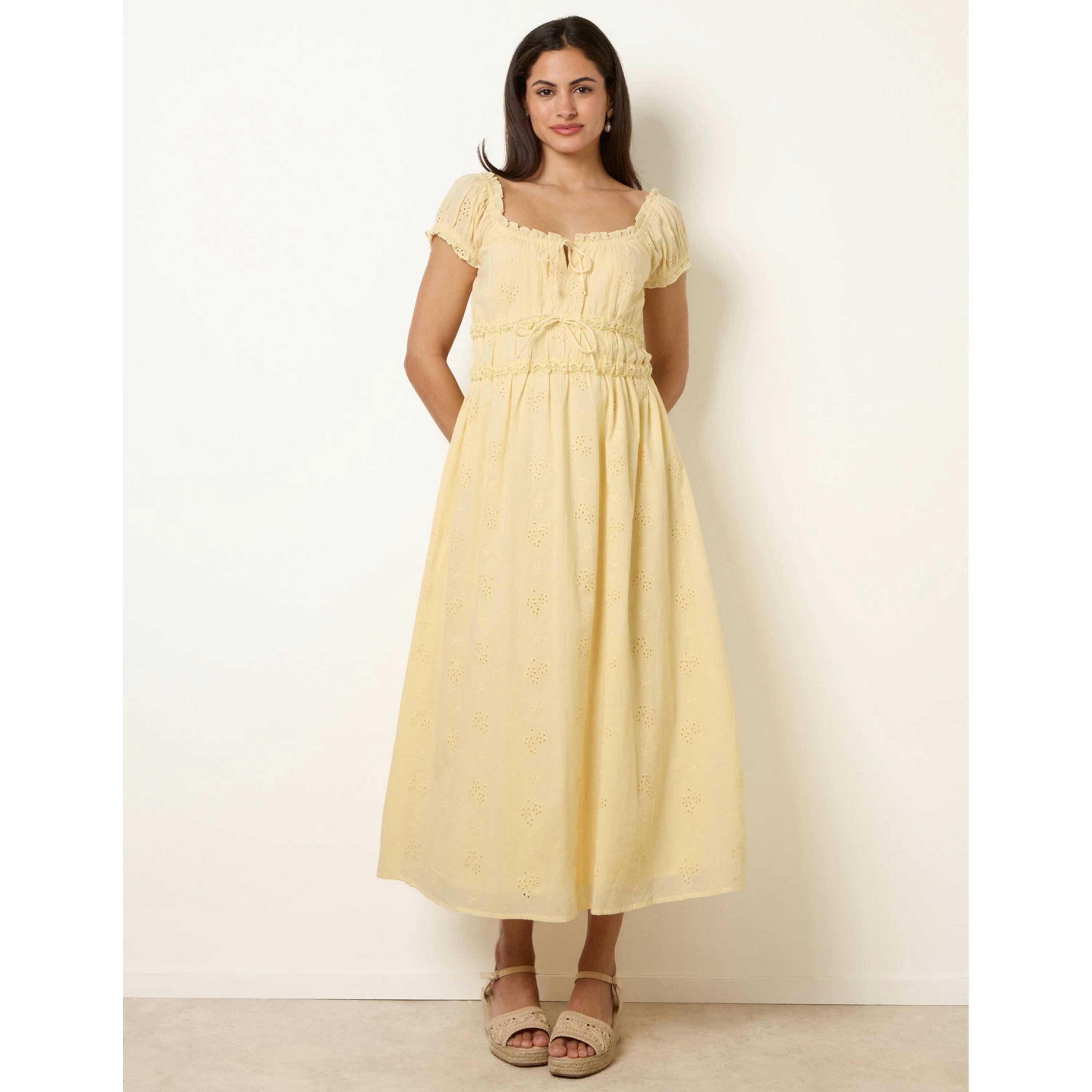 Blue Vanilla Broderie Front Tie Midi Dress  in Yellow , view 4 of 4