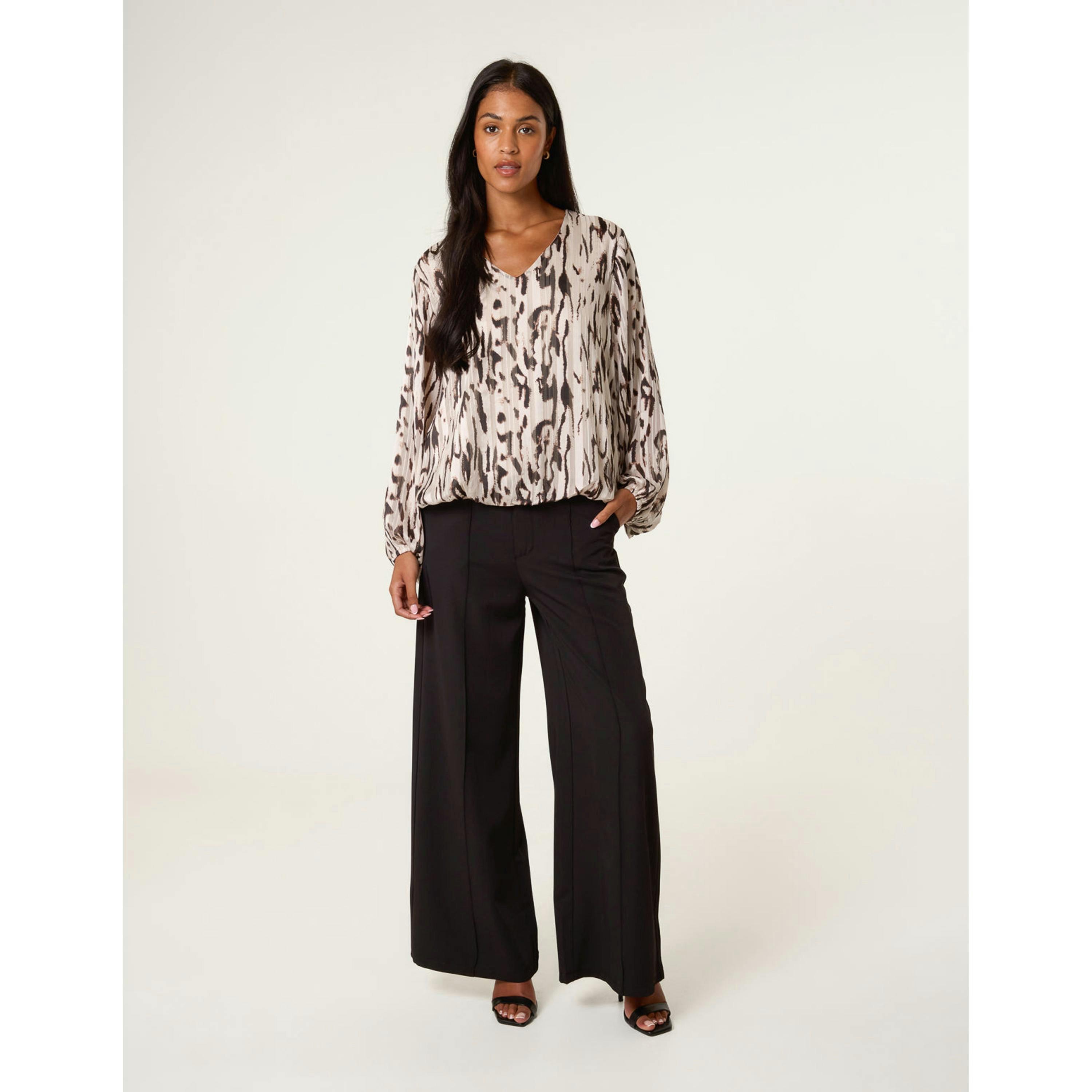 Blue Vanilla Animal Print Puffball V Neck Top  in Brown , view 2 of 4