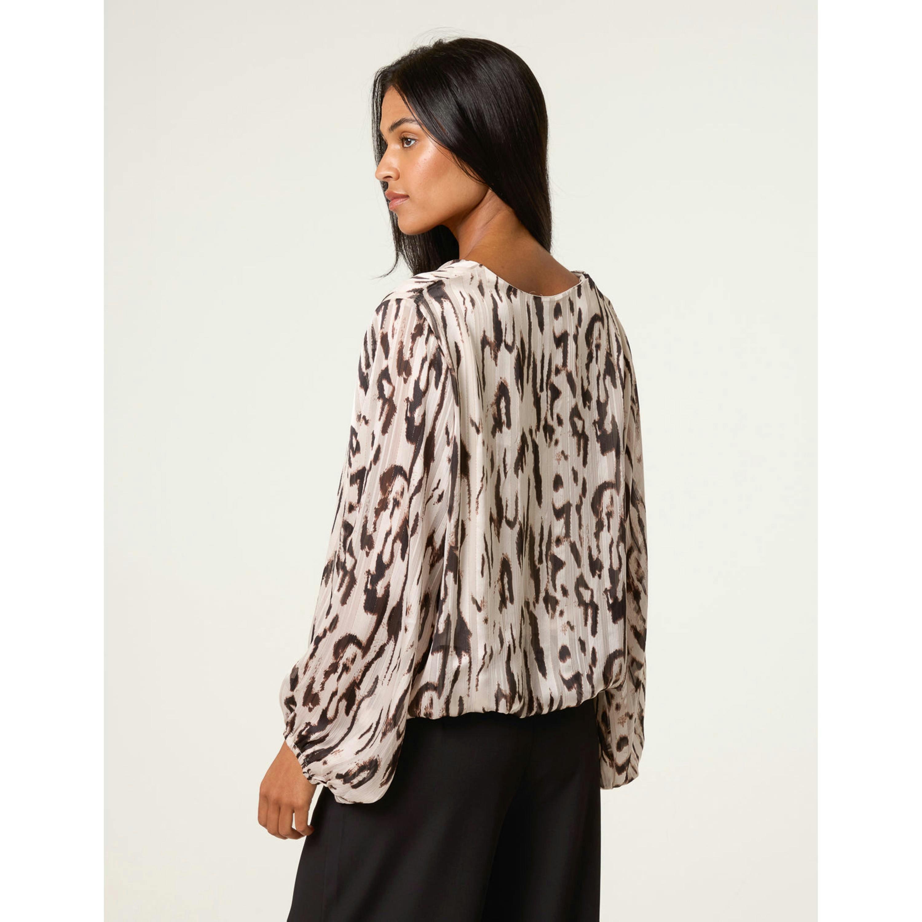 Blue Vanilla Animal Print Puffball V Neck Top  in Brown , view 4 of 4