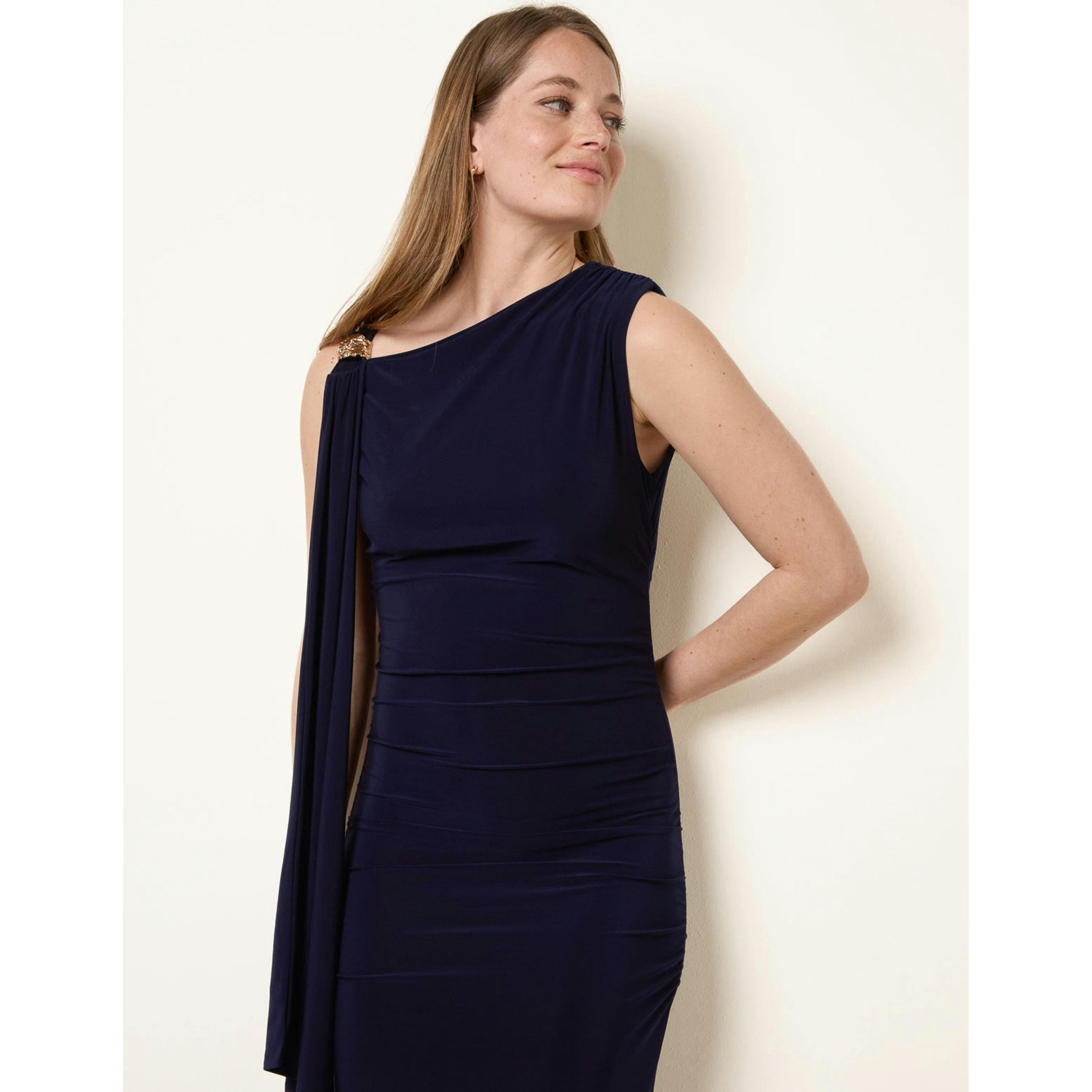 Blue Vanilla Drape Brooch Detailing Ruched Maxi Dress  in Navy , view 4 of 6