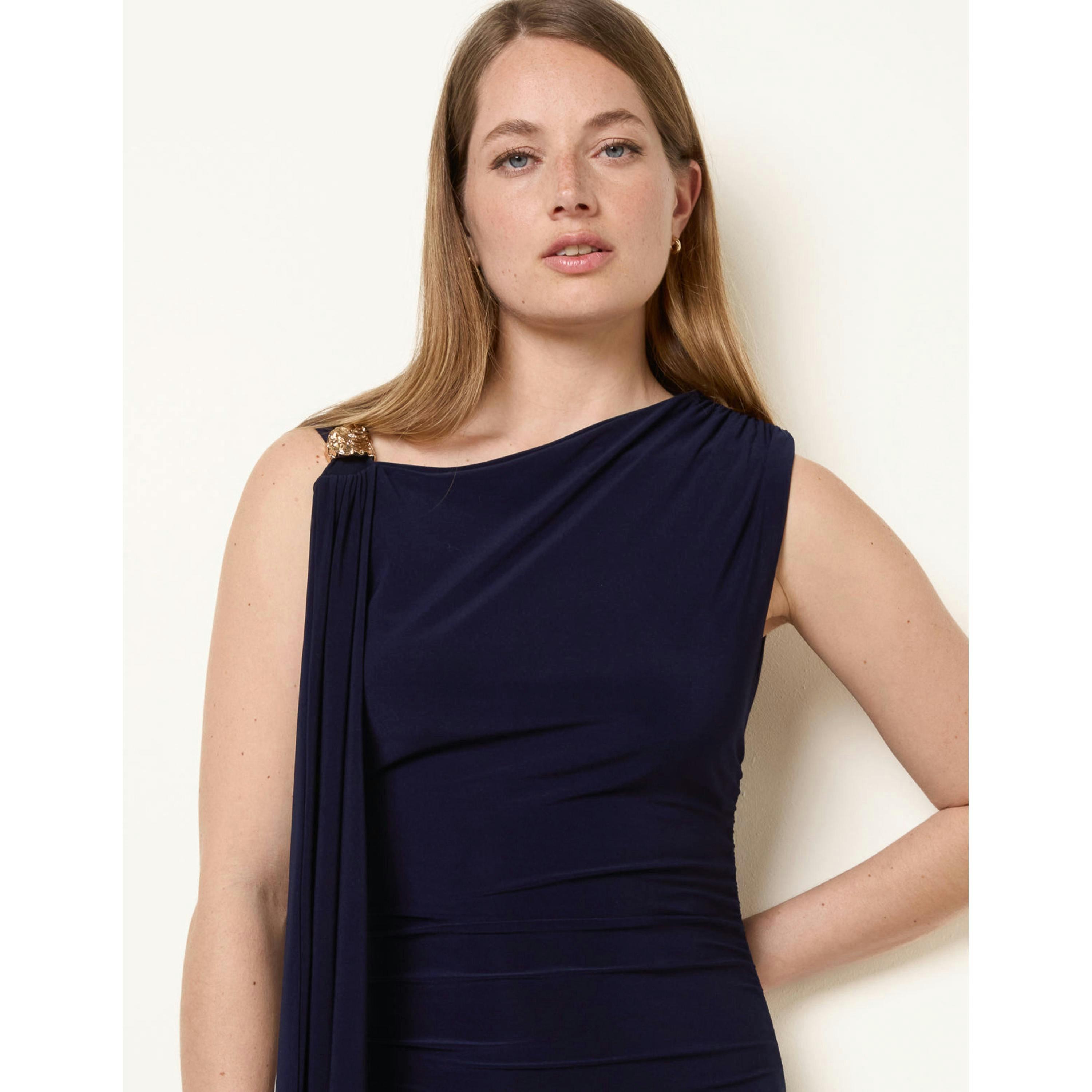 Blue Vanilla Drape Brooch Detailing Ruched Maxi Dress  in Navy , view 5 of 6