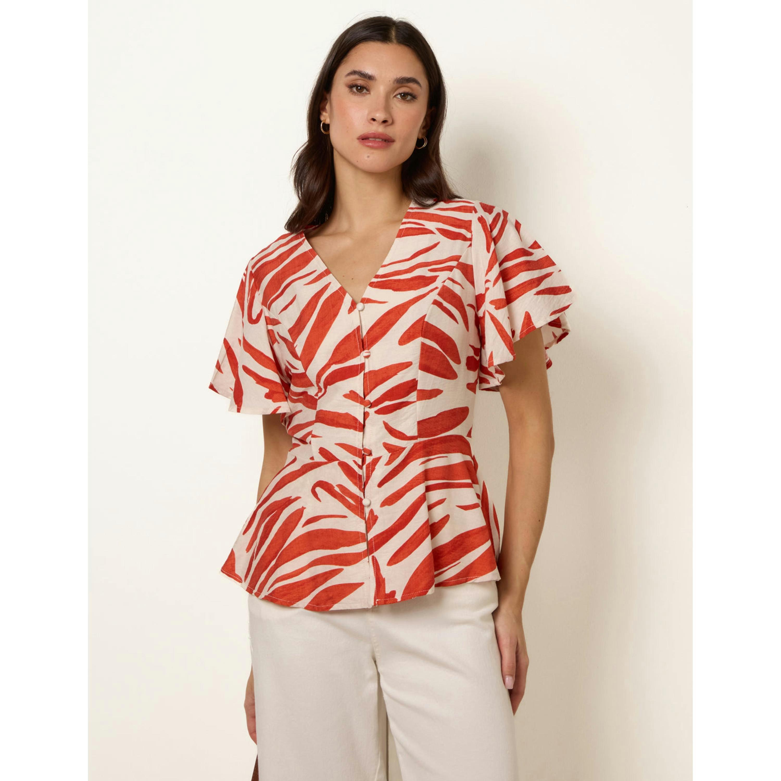 Blue Vanilla Top with Brushstroke Leaf Print  in Orange , view 2 of 4