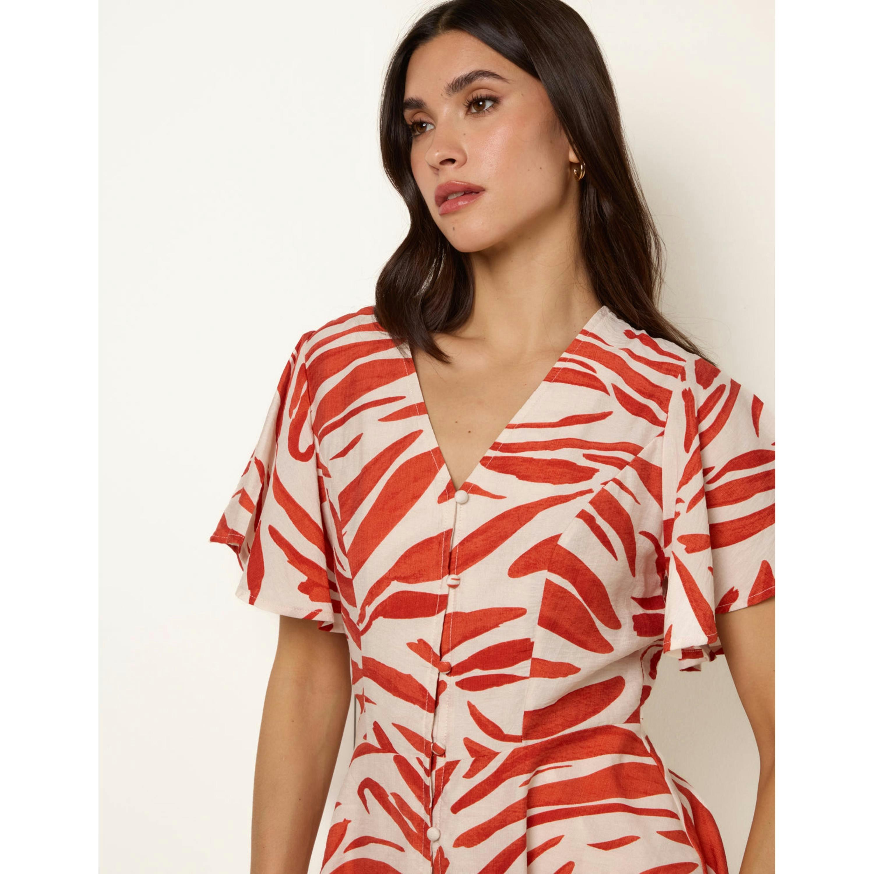 Blue Vanilla Top with Brushstroke Leaf Print  in Orange , view 3 of 4