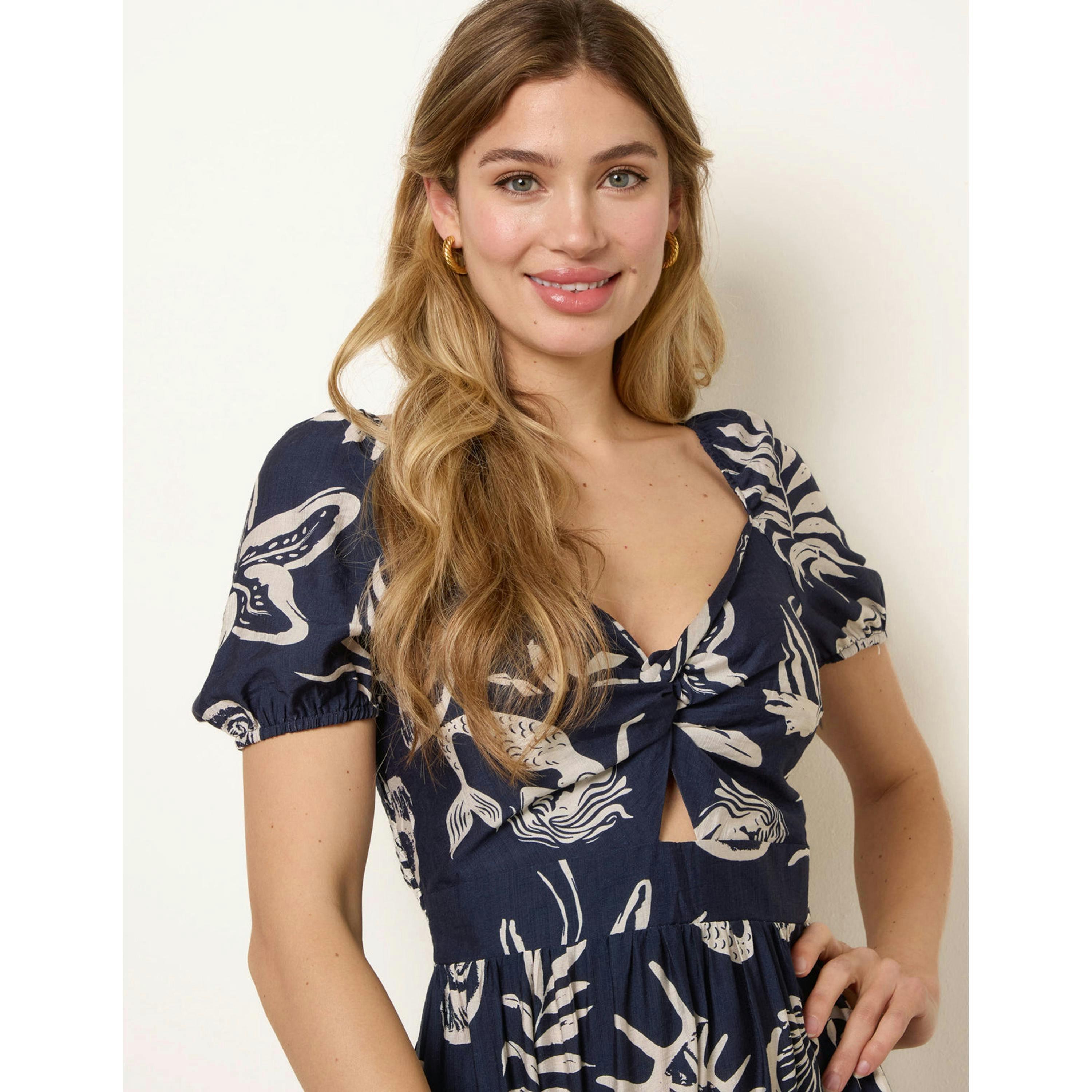 Blue Vanilla Knot Front Puff Sleeve Dress  in Navy , view 3 of 4