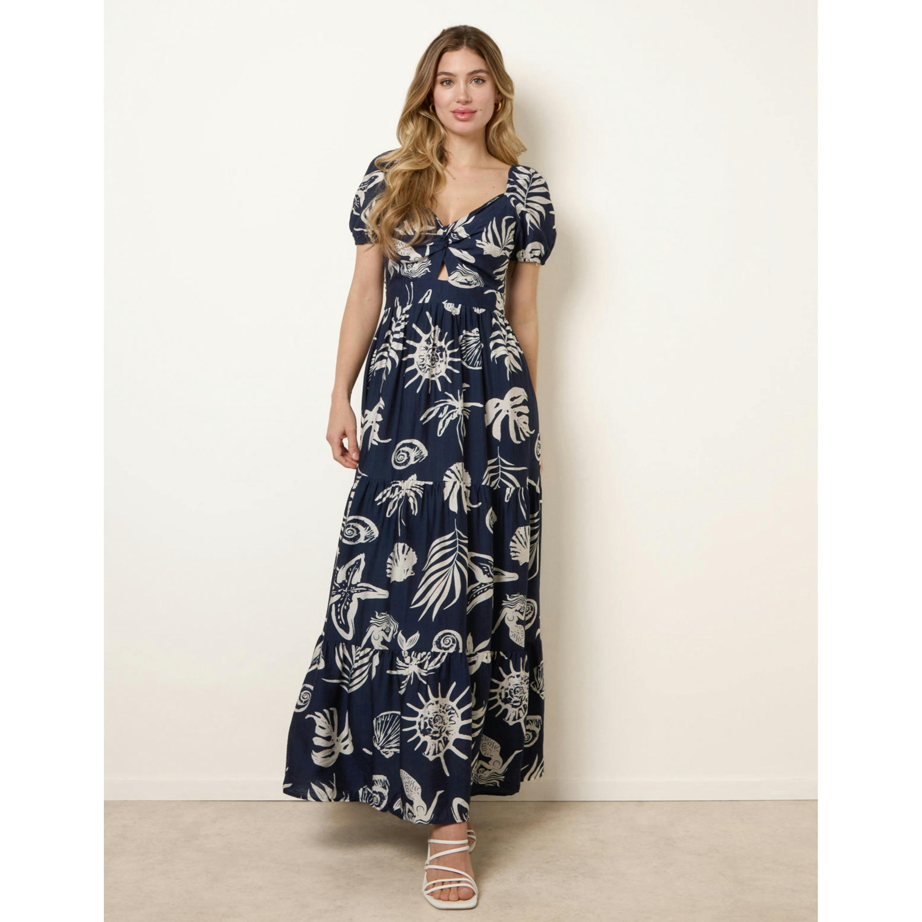 Blue Vanilla Knot Front Puff Sleeve Dress  in Navy , view 4 of 4