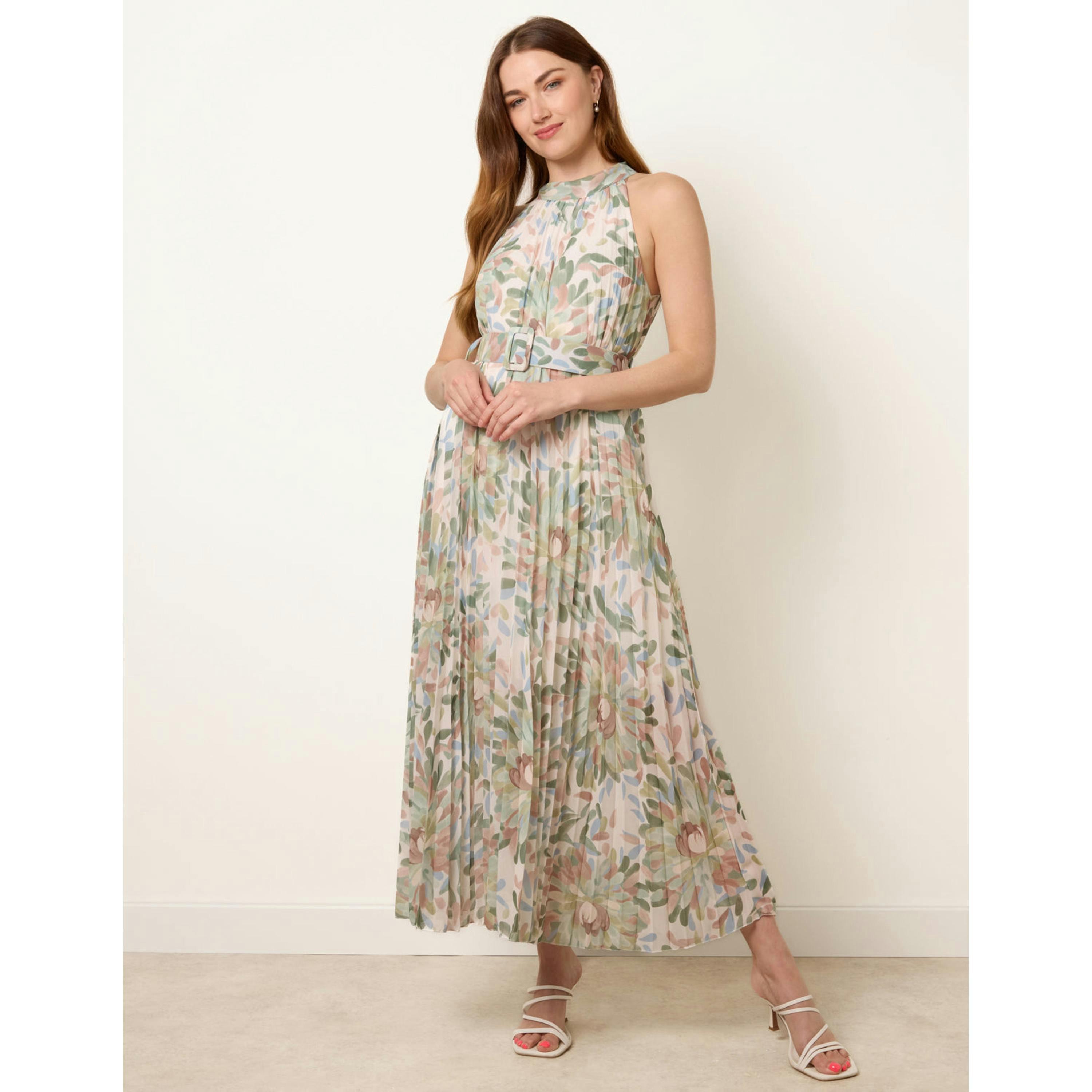 Blue Vanilla Printed Pleated Dress With Belt  in Green , view 3 of 4