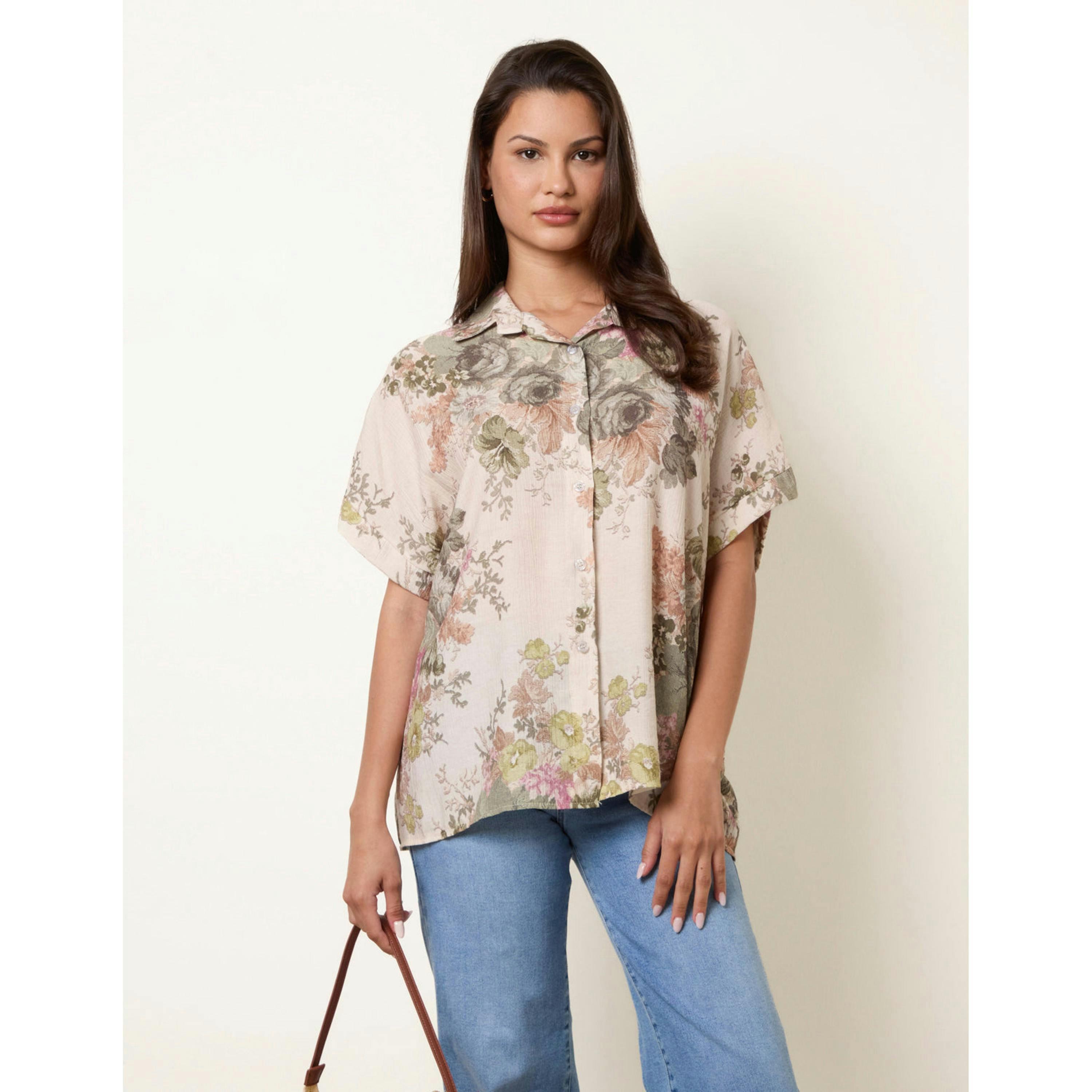 Blue Vanilla Floral Button Front Shirt  in Green , view 4 of 4