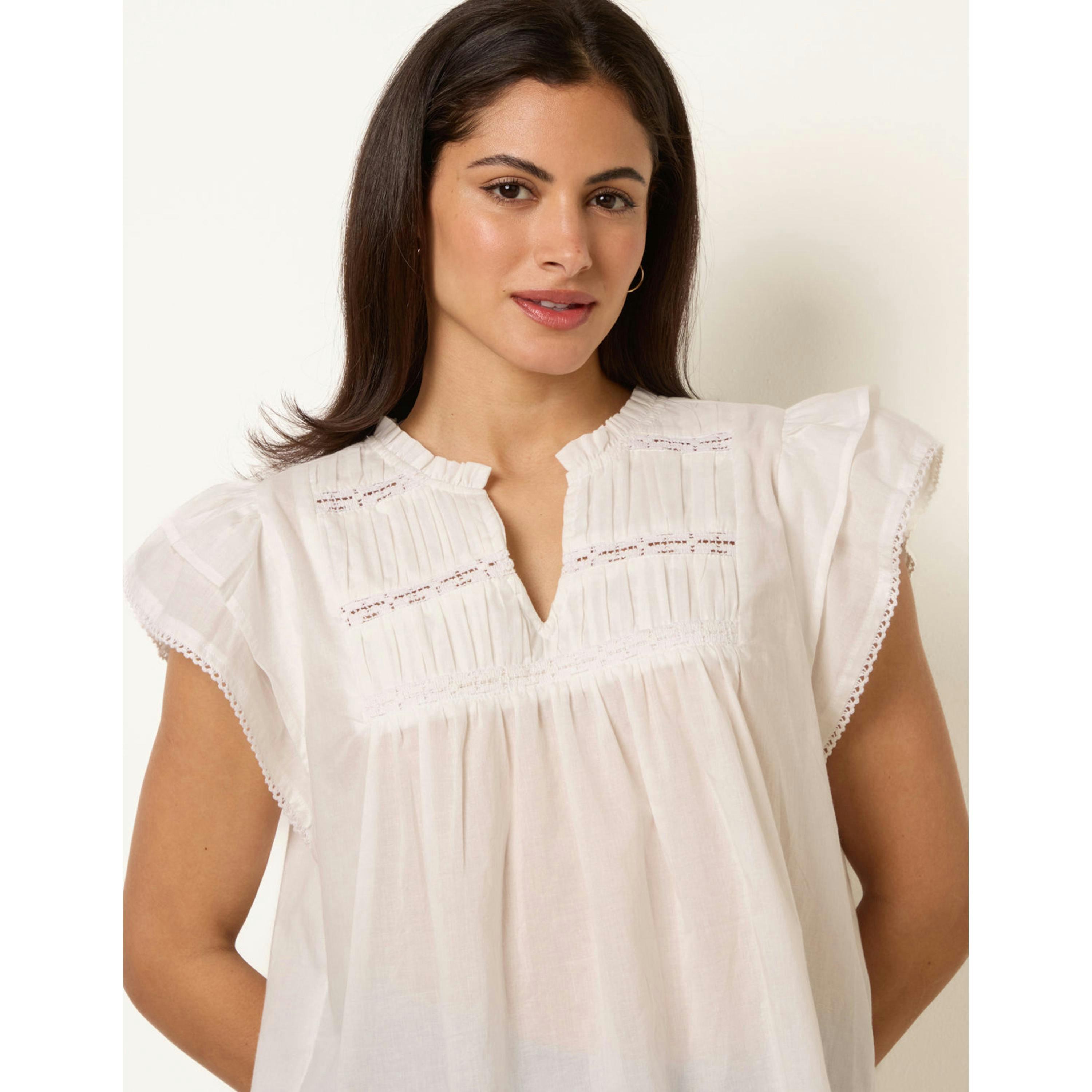 Blue Vanilla Cotton Embroidery Detail Ruffle Sleeve Top  in Ivory , view 3 of 4