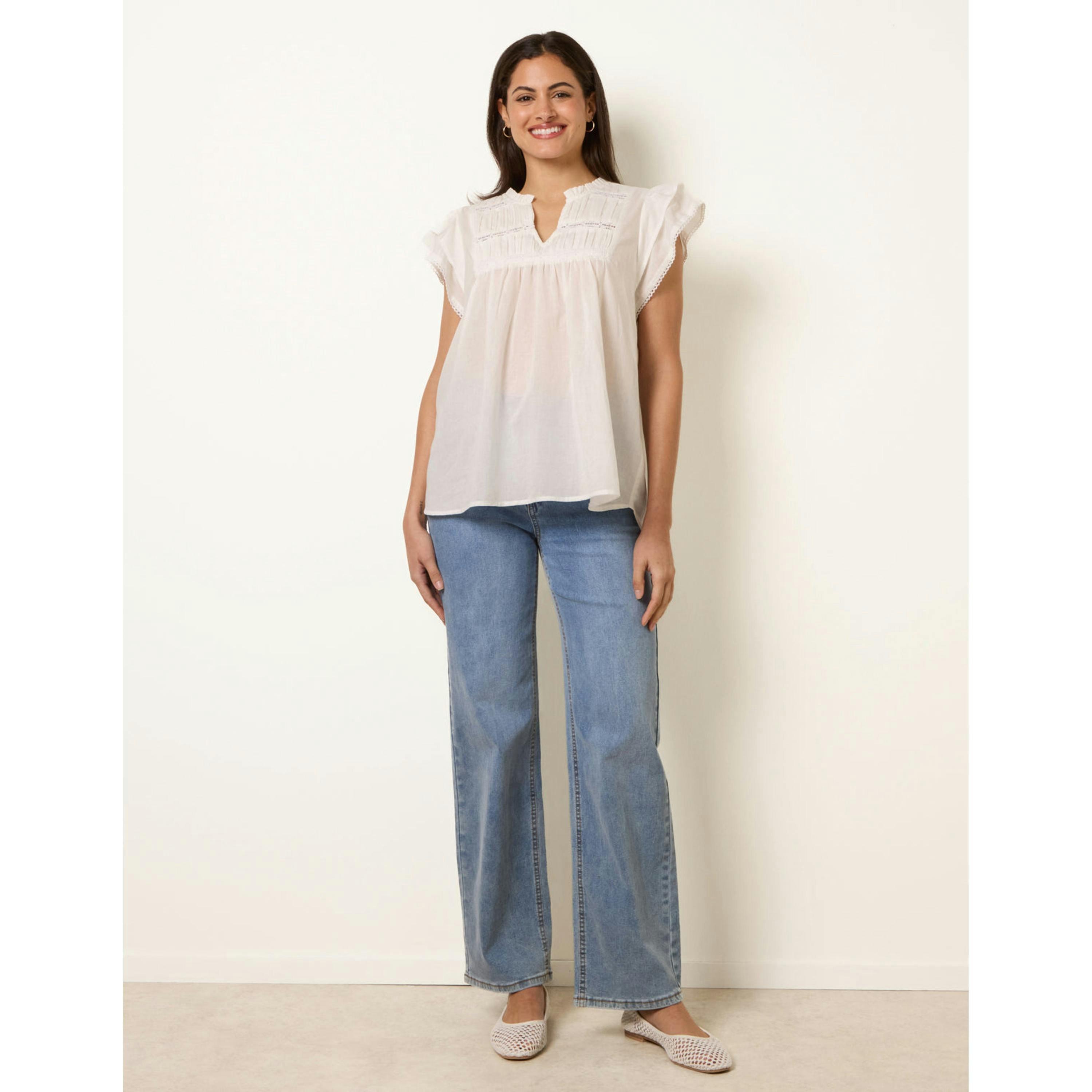 Blue Vanilla Cotton Embroidery Detail Ruffle Sleeve Top  in Ivory , view 4 of 4
