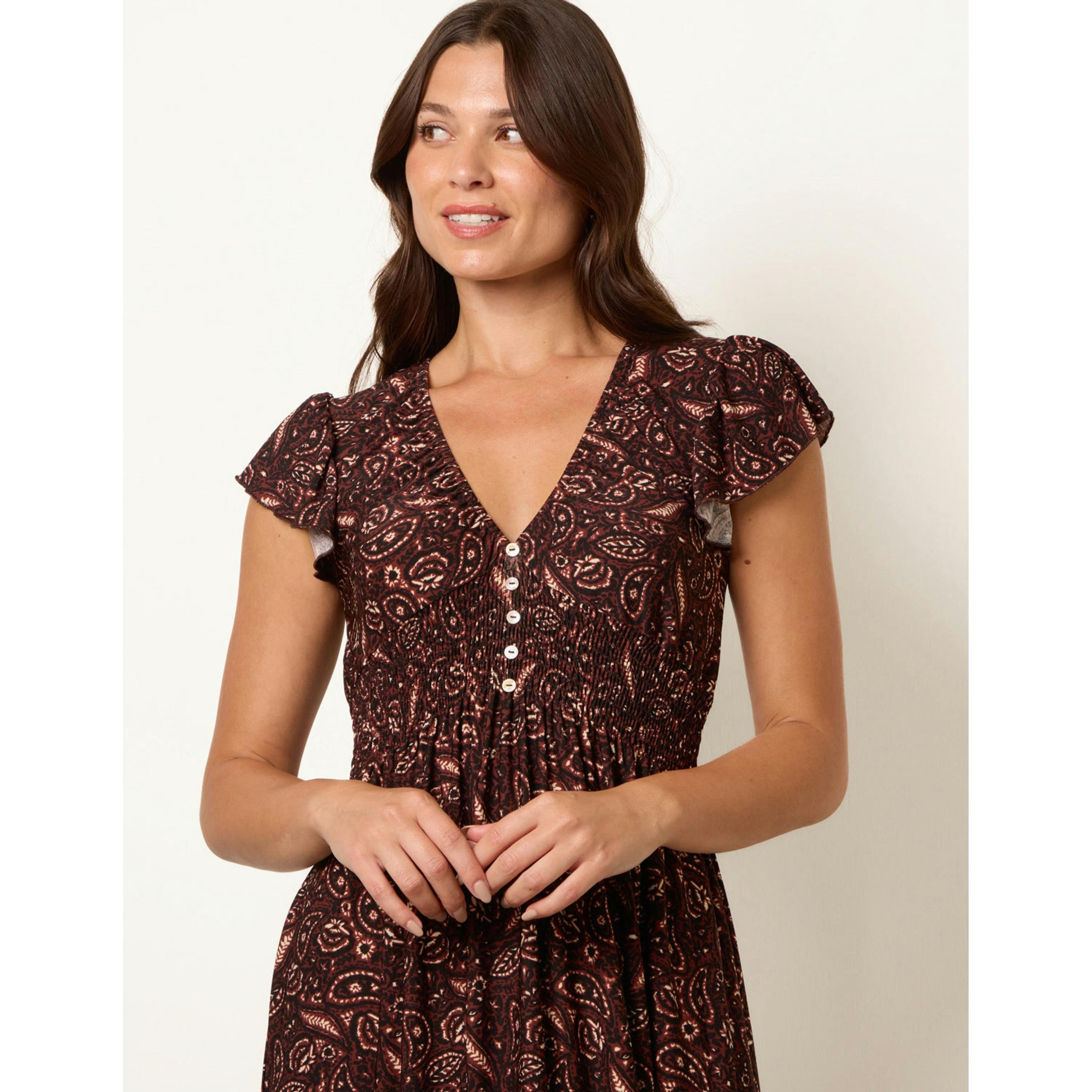 Blue Vanilla V Neck Midi Dress With Shirred Waist Button Front  in Brown , view 3 of 4