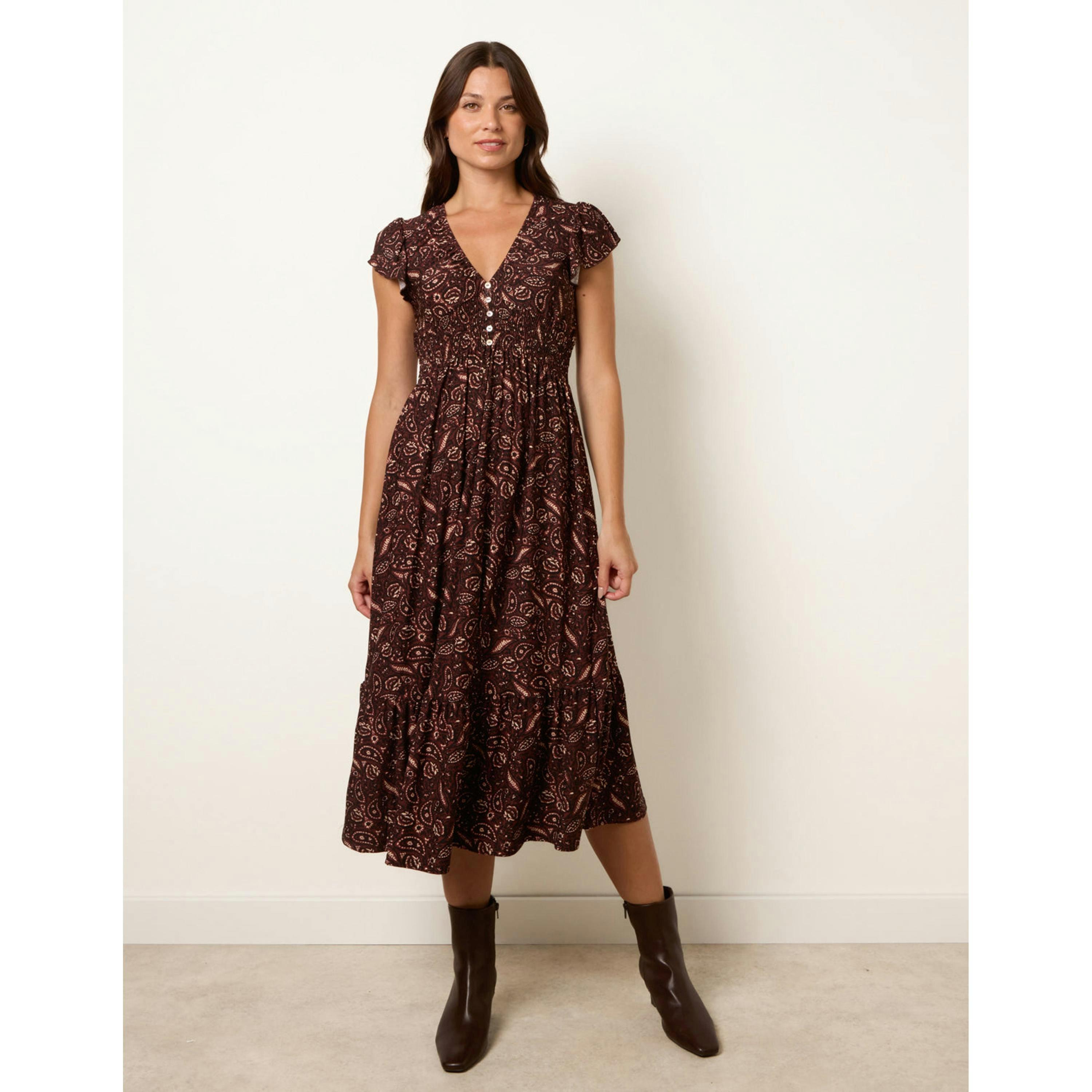 Blue Vanilla V Neck Midi Dress With Shirred Waist Button Front  in Brown , view 4 of 4