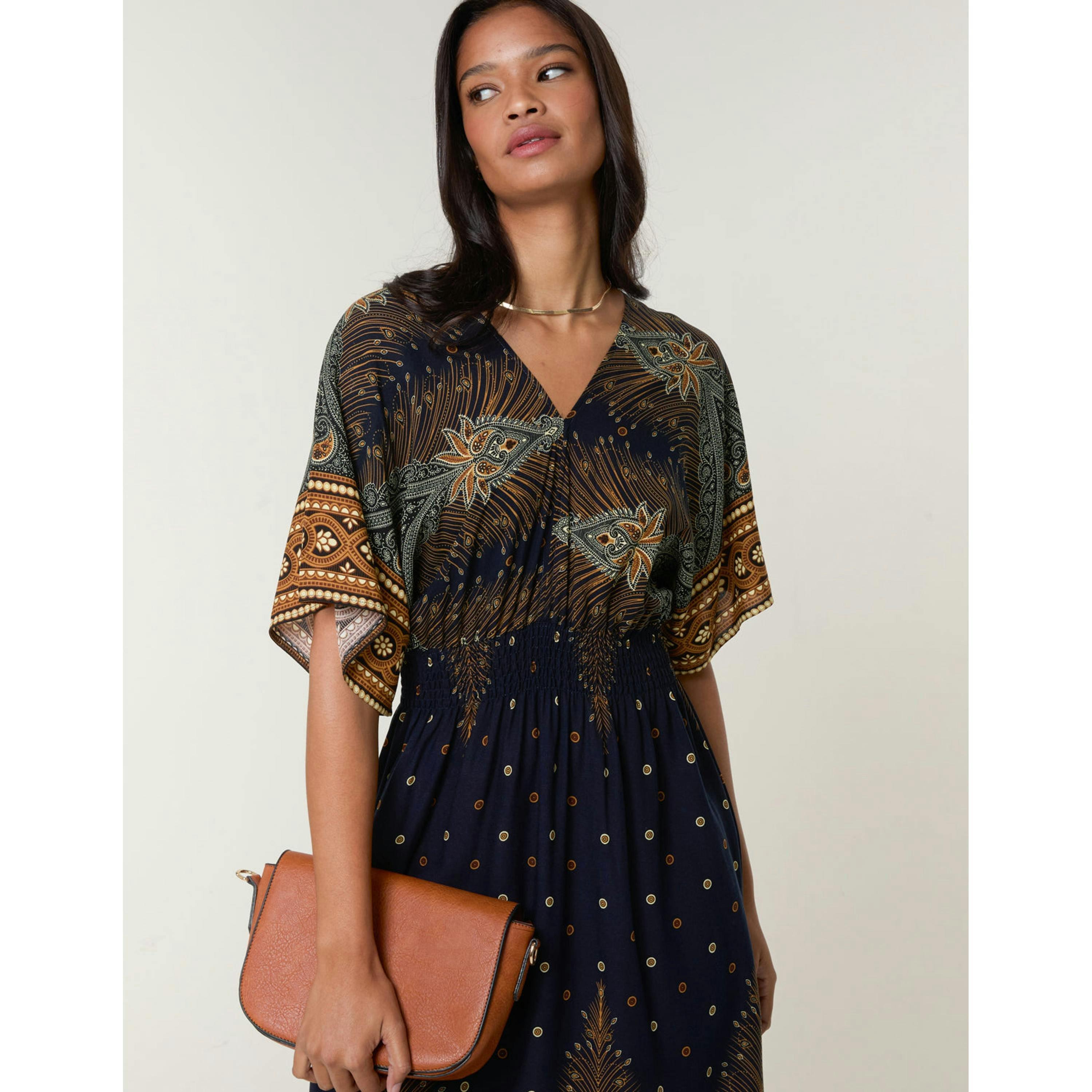 Blue Vanilla Peacock Print Dress  in Navy , view 3 of 5