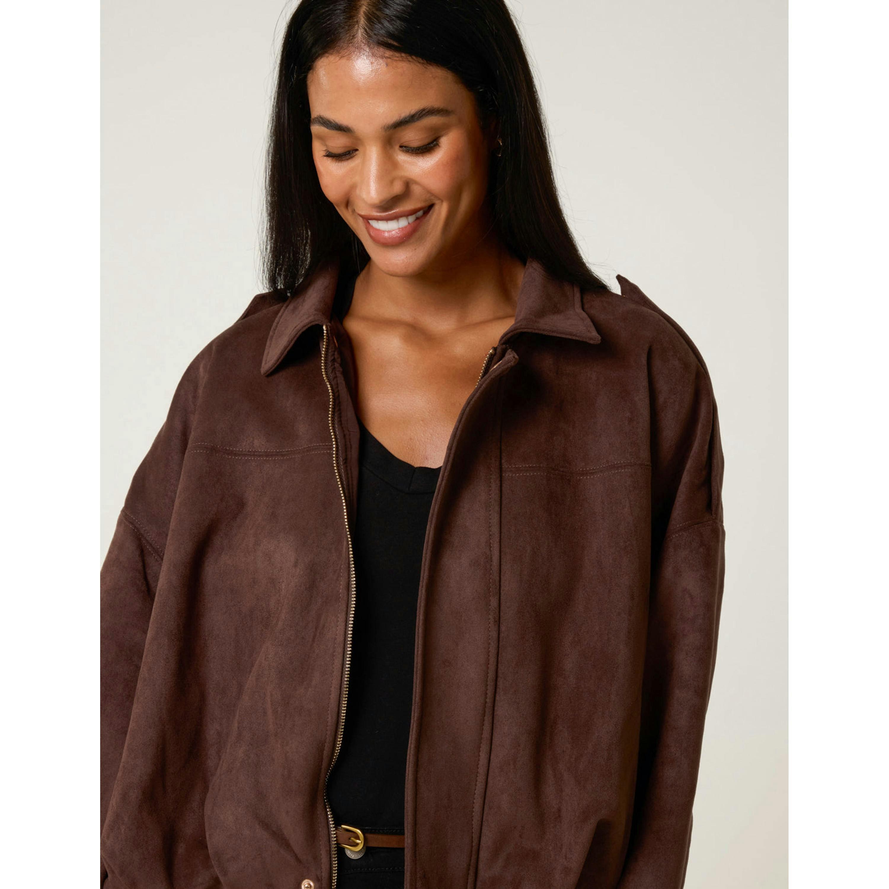 Blue Vanilla Suedette Puffball Jacket  in Brown , view 2 of 4
