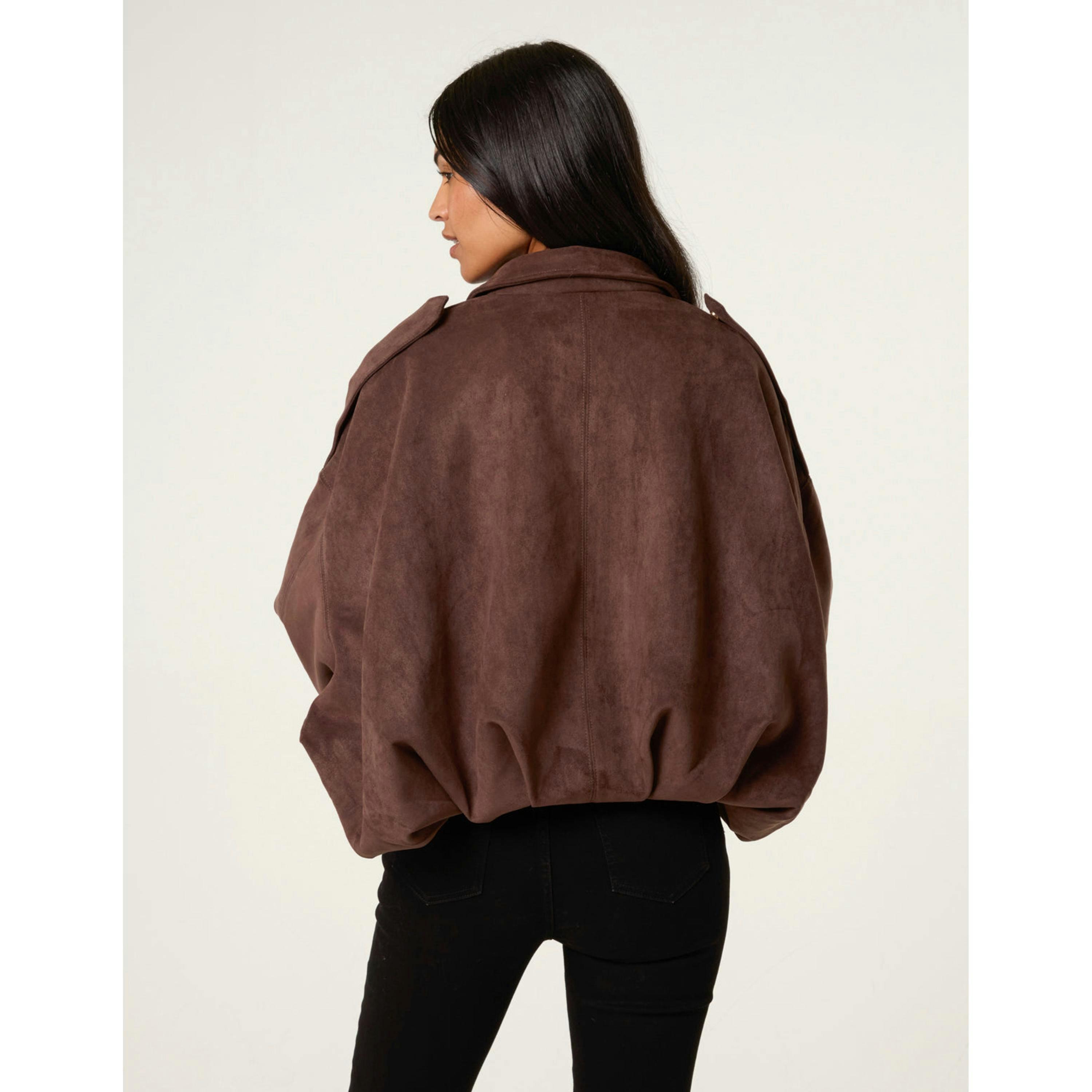 Blue Vanilla Suedette Puffball Jacket  in Brown , view 4 of 4