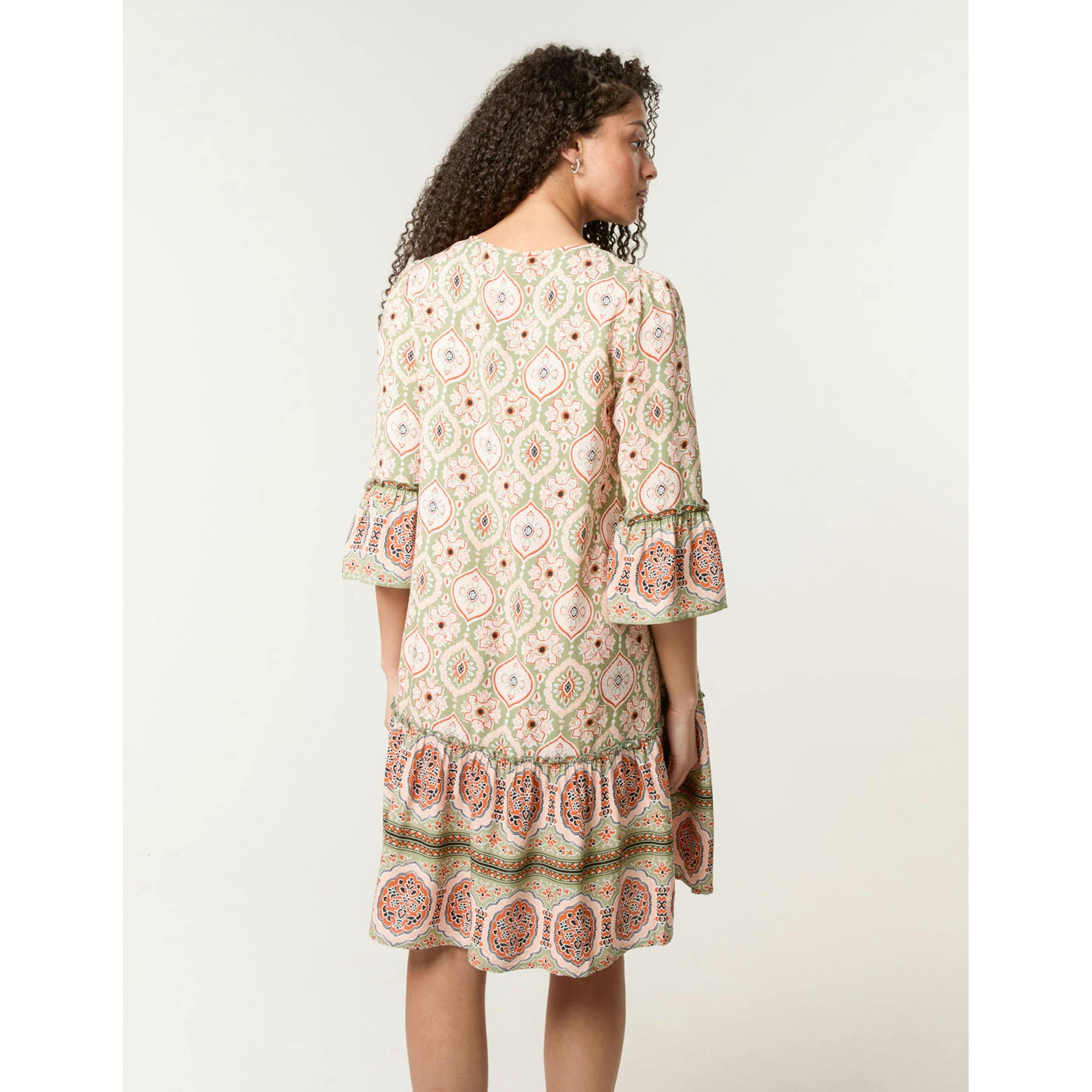 Blue Vanilla Mix Print Smock Dress With Tassel Tie  in Khaki , view 2 of 4