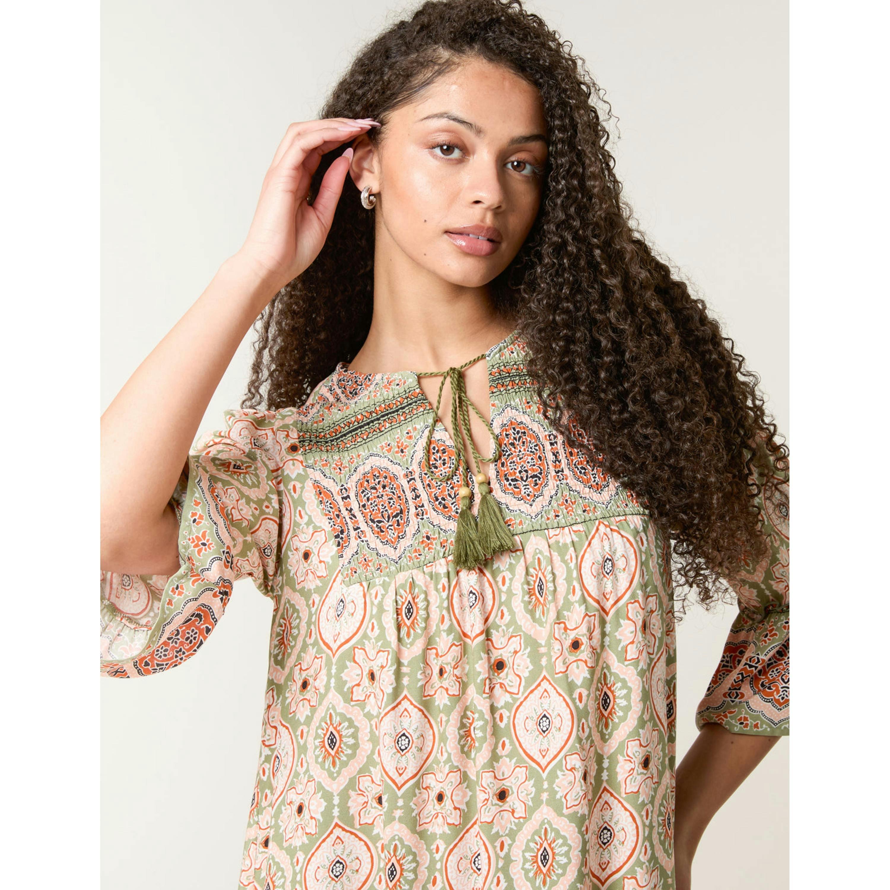 Blue Vanilla Mix Print Smock Dress With Tassel Tie  in Khaki , view 3 of 4