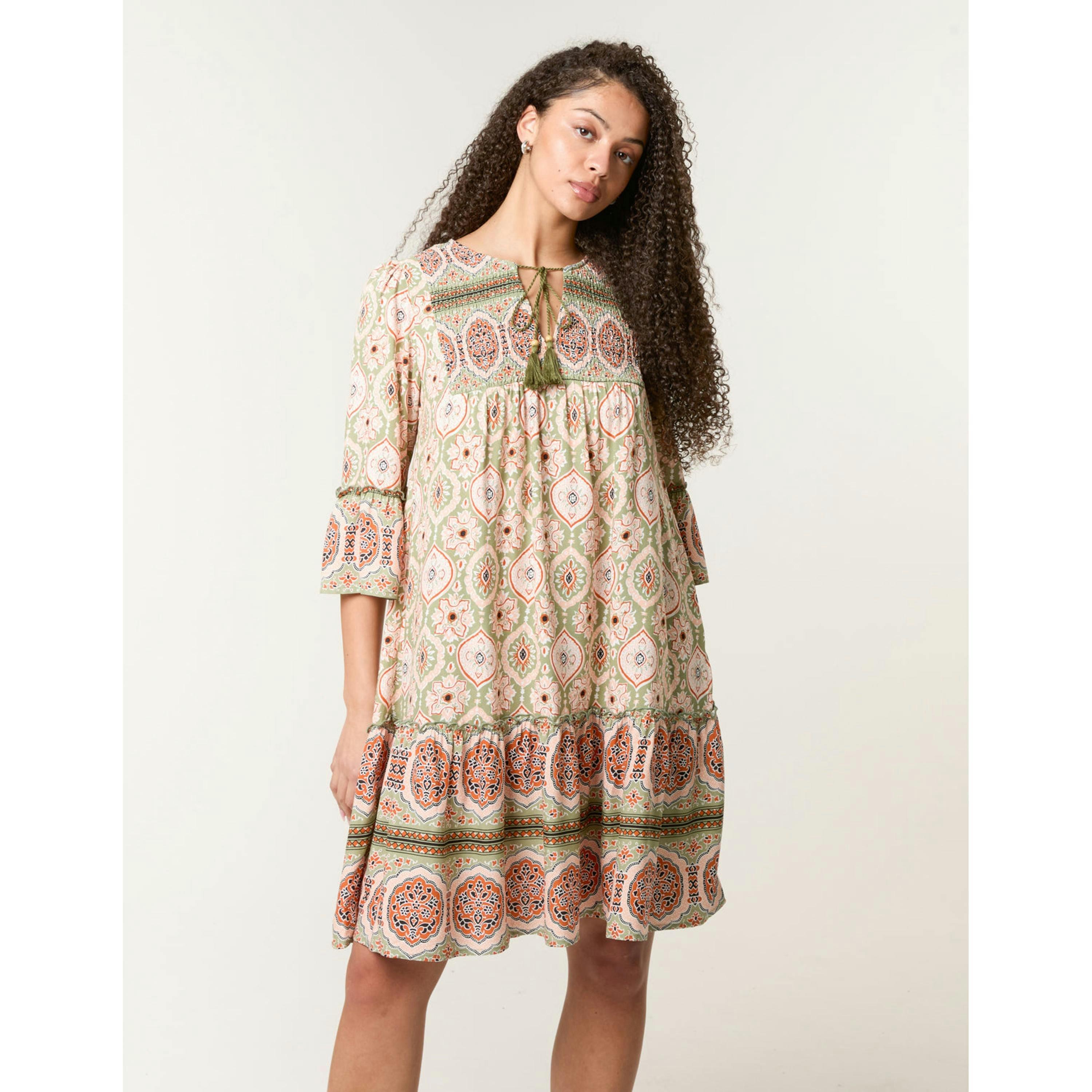 Blue Vanilla Mix Print Smock Dress With Tassel Tie  in Khaki , view 4 of 4