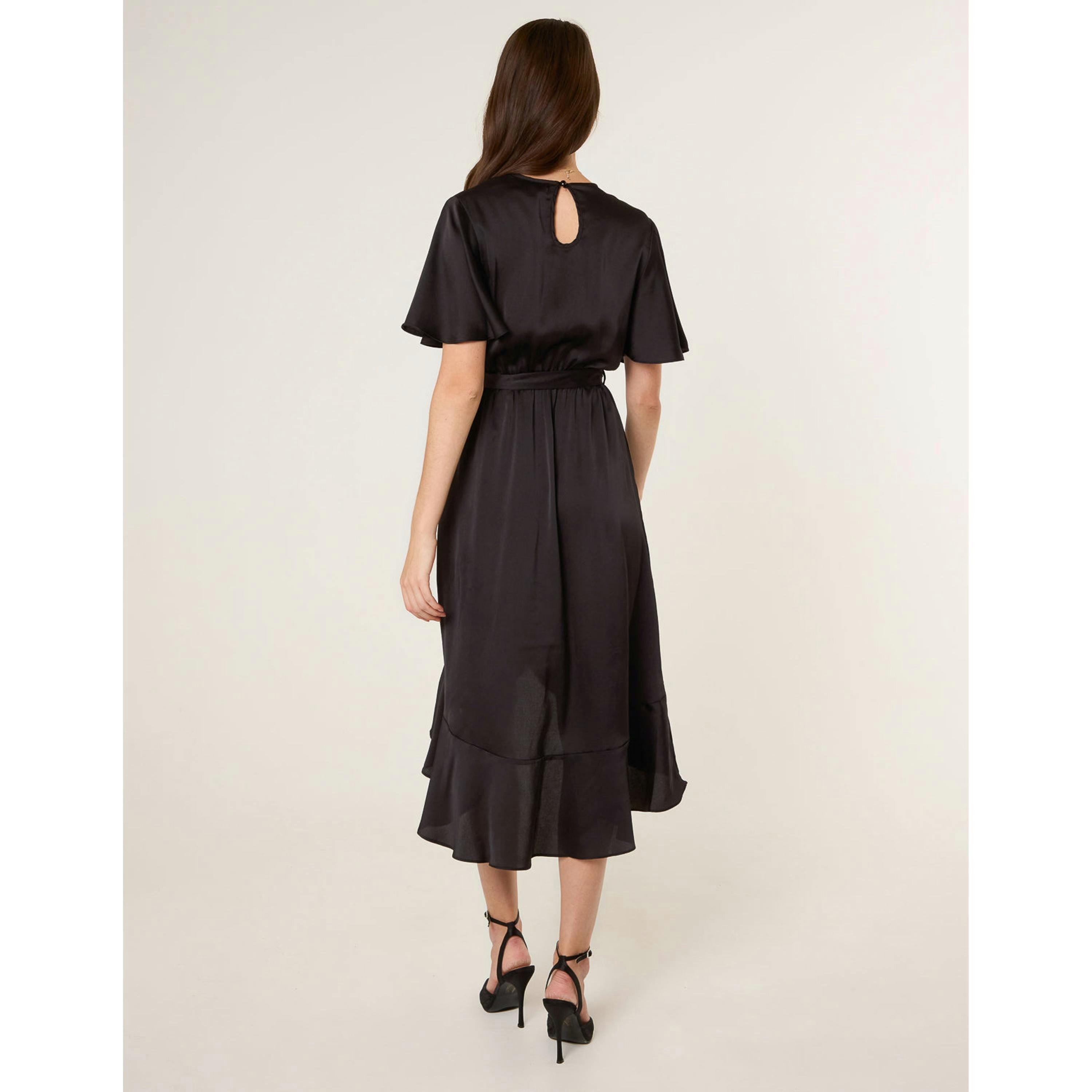 Blue Vanilla Satin Wrap Frill High To Low Midi Dress  in Black , view 2 of 4