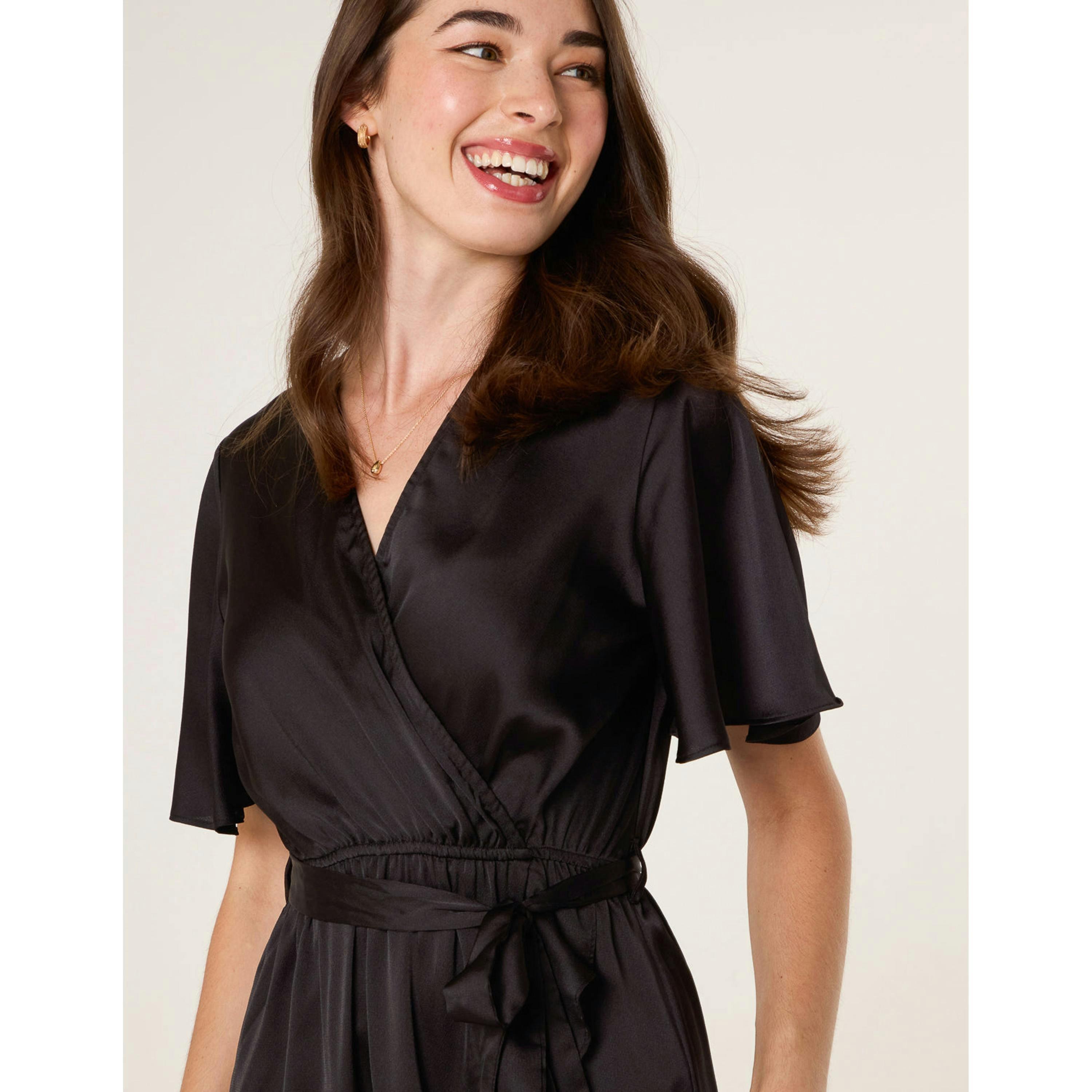 Blue Vanilla Satin Wrap Frill High To Low Midi Dress  in Black , view 3 of 4