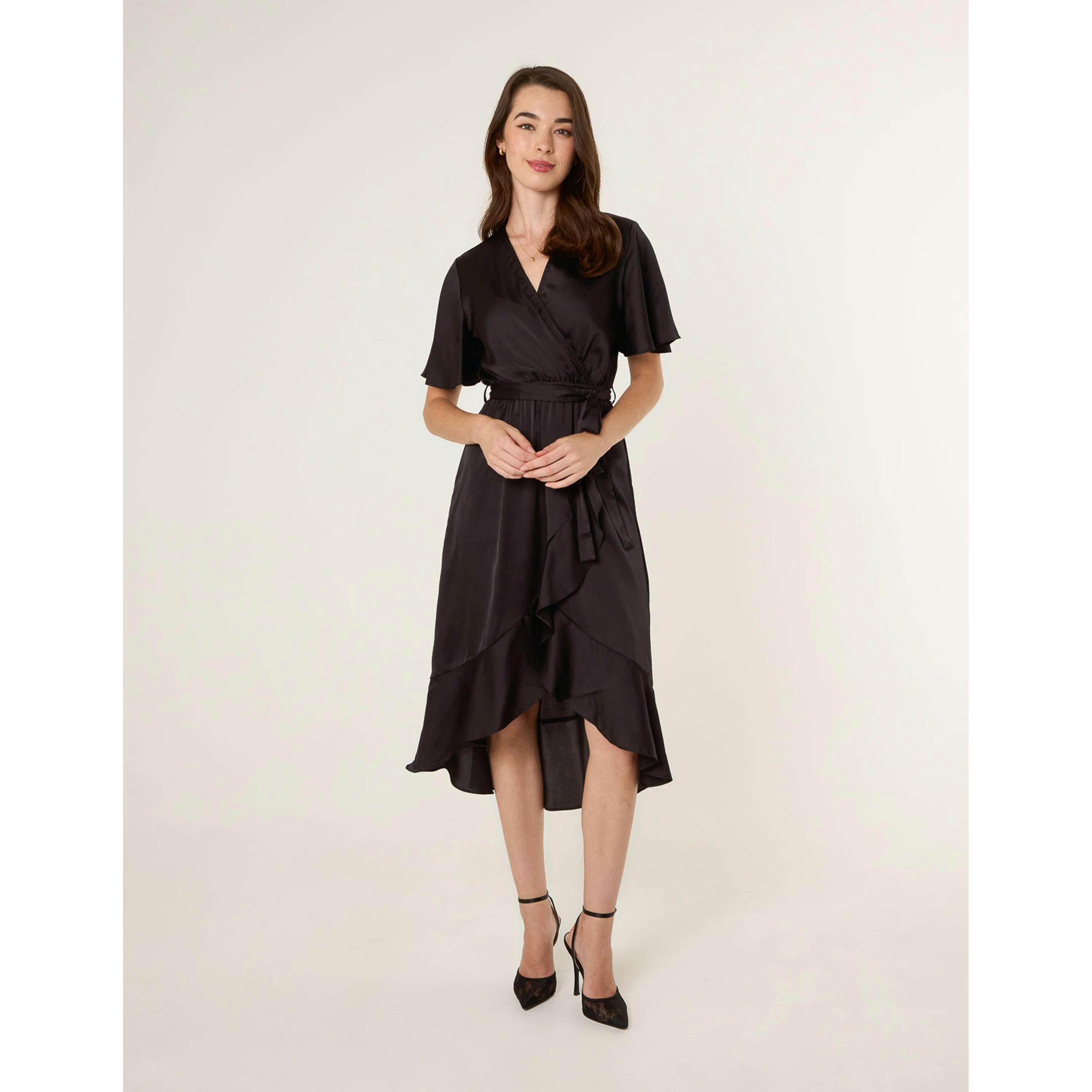 Blue Vanilla Satin Wrap Frill High To Low Midi Dress  in Black , view 4 of 4