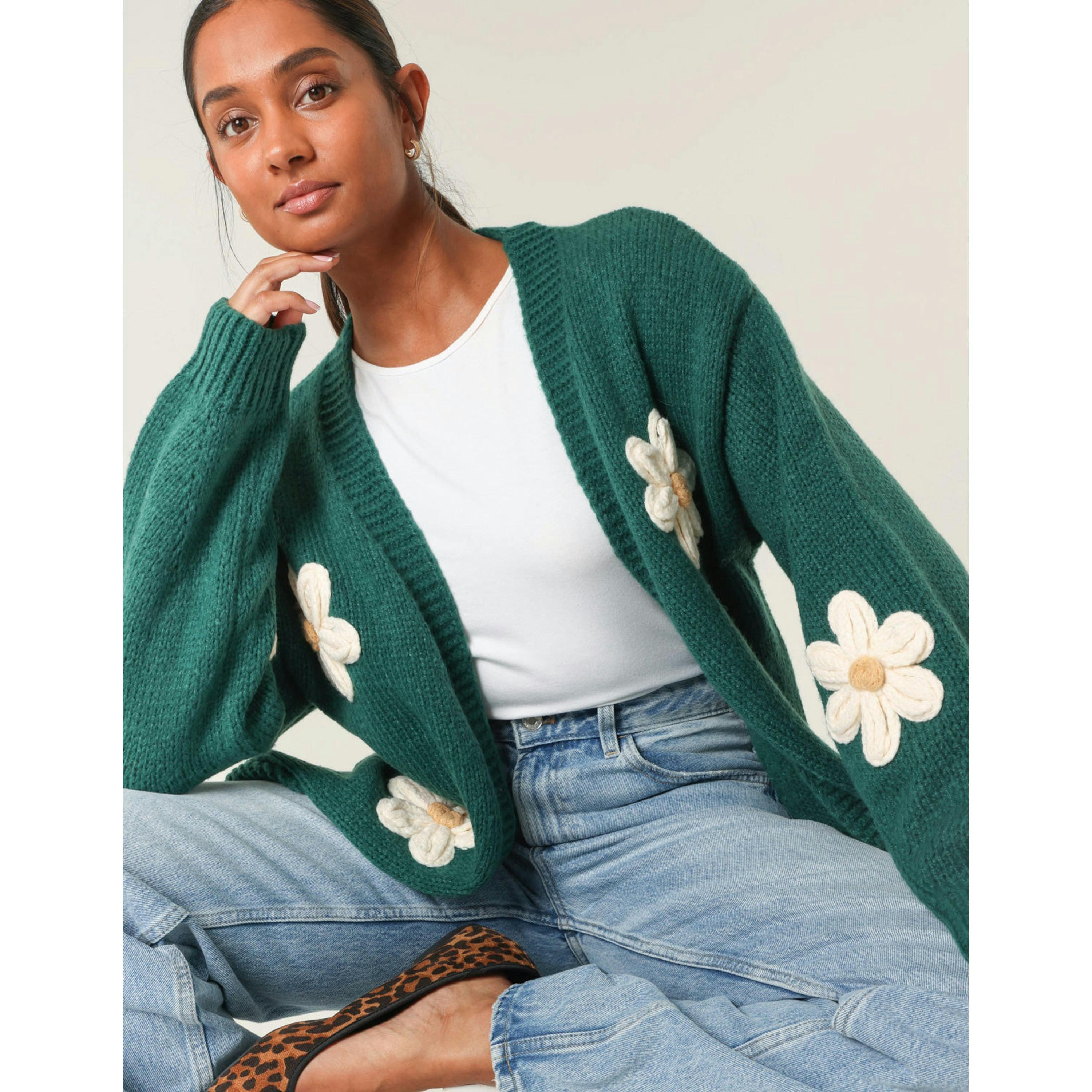 Blue Vanilla Daisy Large Flower Cardigan  in Green , view 3 of 5