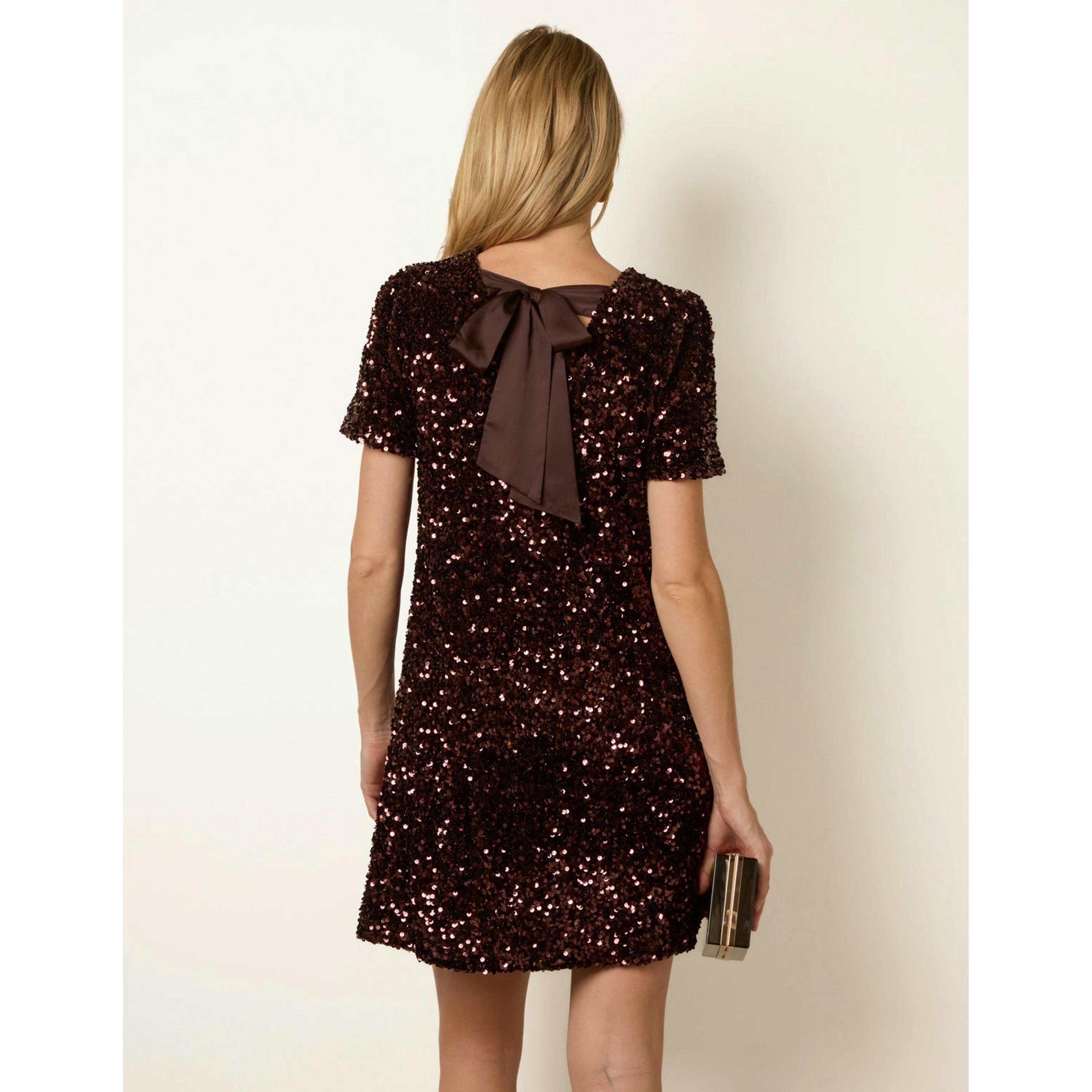 Blue Vanilla Sequin Puff Sleeve Mini Bow Back Dress  in Brown , view 2 of 4
