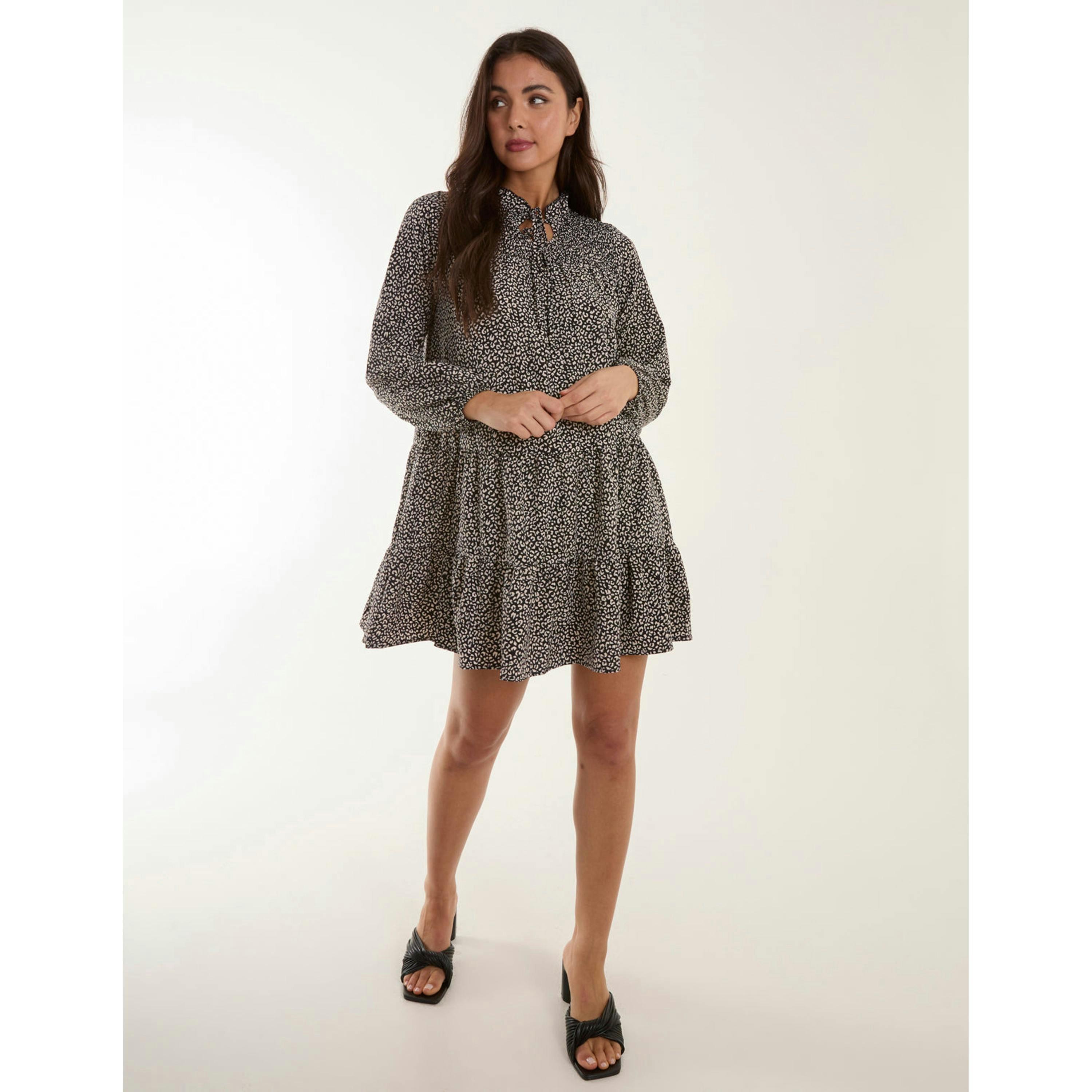 Blue Vanilla Shirred Cheetah Smock Dress  in Black , view 4 of 4