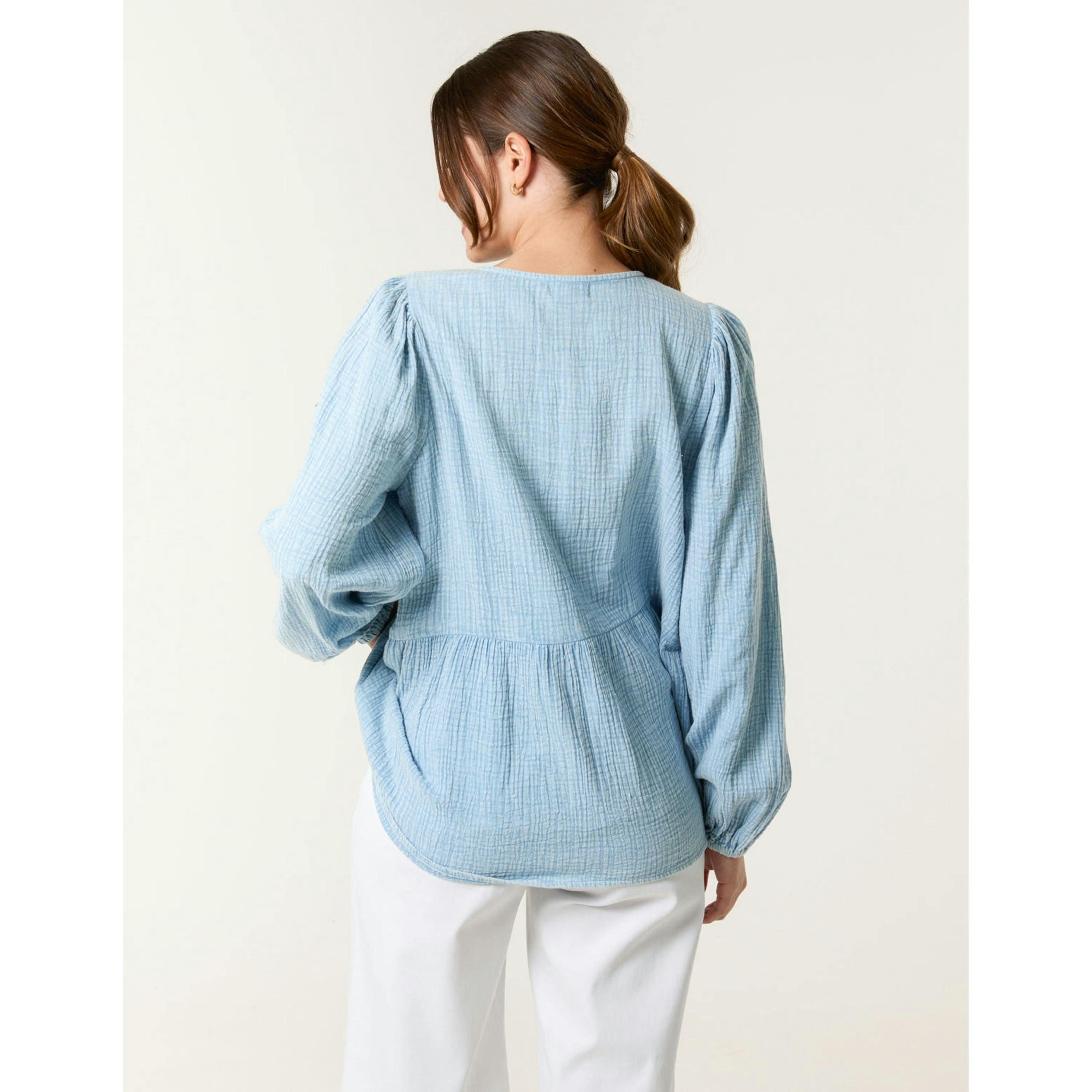 Blue Vanilla Washed Tie Front Top  in Blue , view 2 of 4