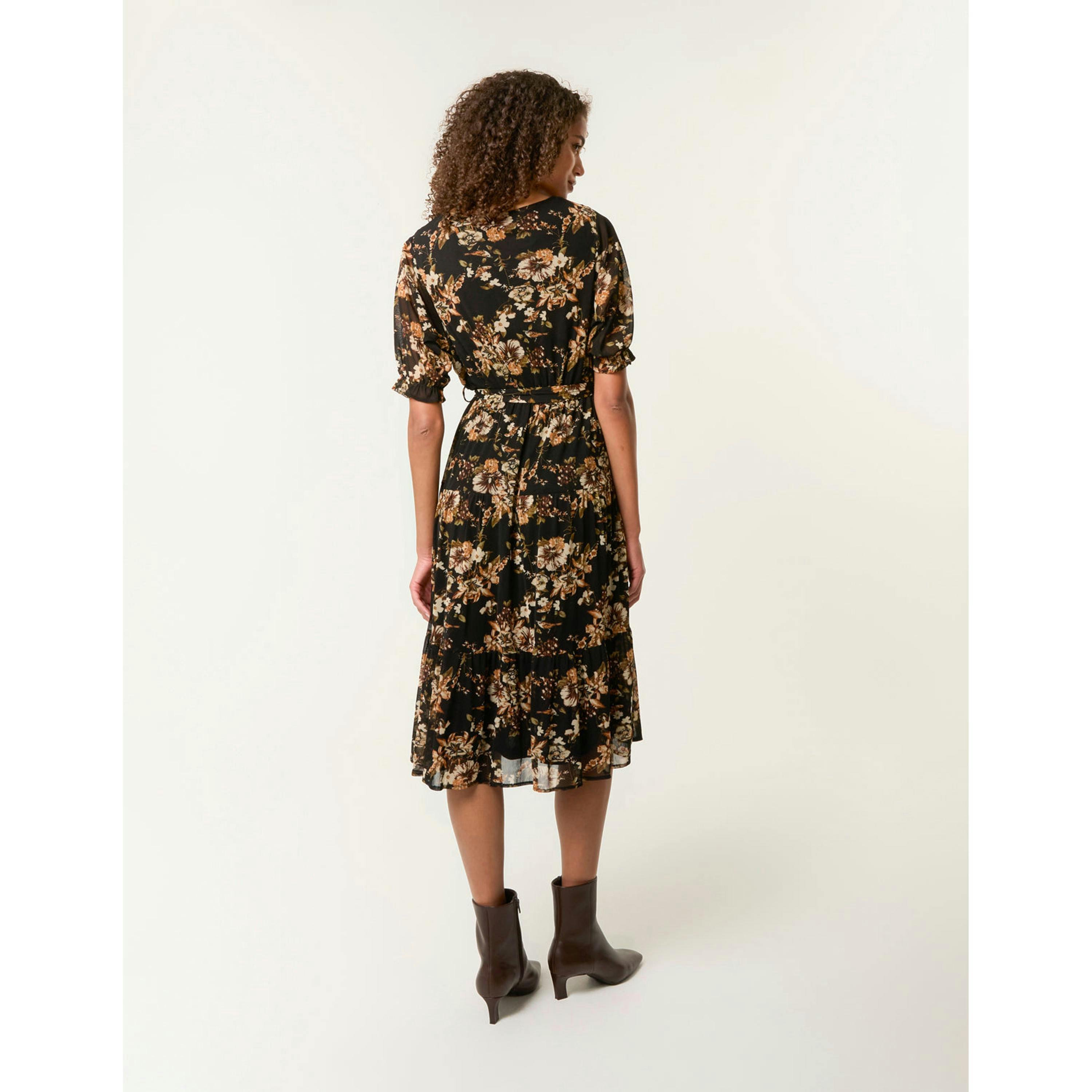 Blue Vanilla Floral Mesh Wrap Front Tiered Midi Dress  in Brown , view 2 of 5