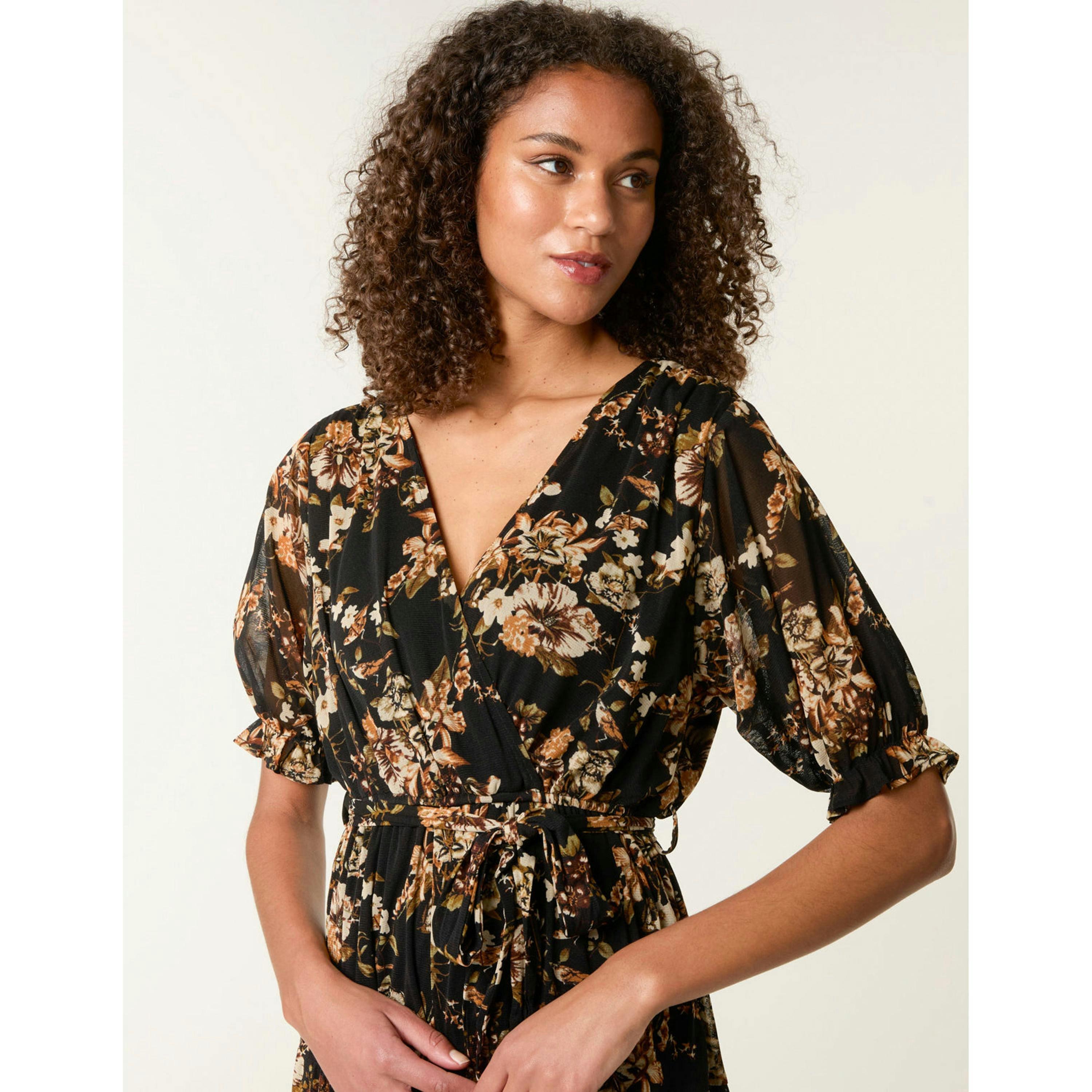 Blue Vanilla Floral Mesh Wrap Front Tiered Midi Dress  in Brown , view 3 of 5