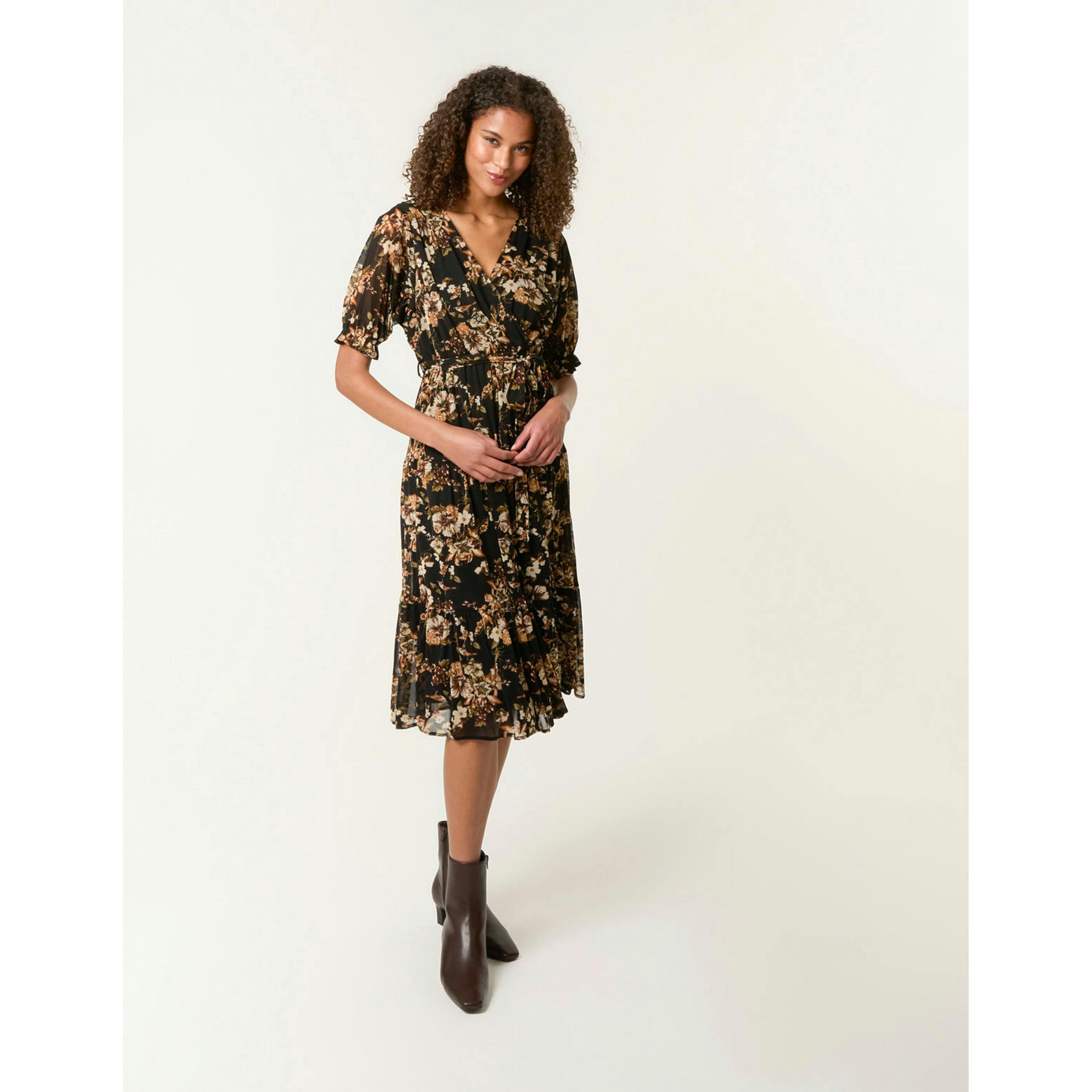 Blue Vanilla Floral Mesh Wrap Front Tiered Midi Dress  in Brown , view 4 of 5