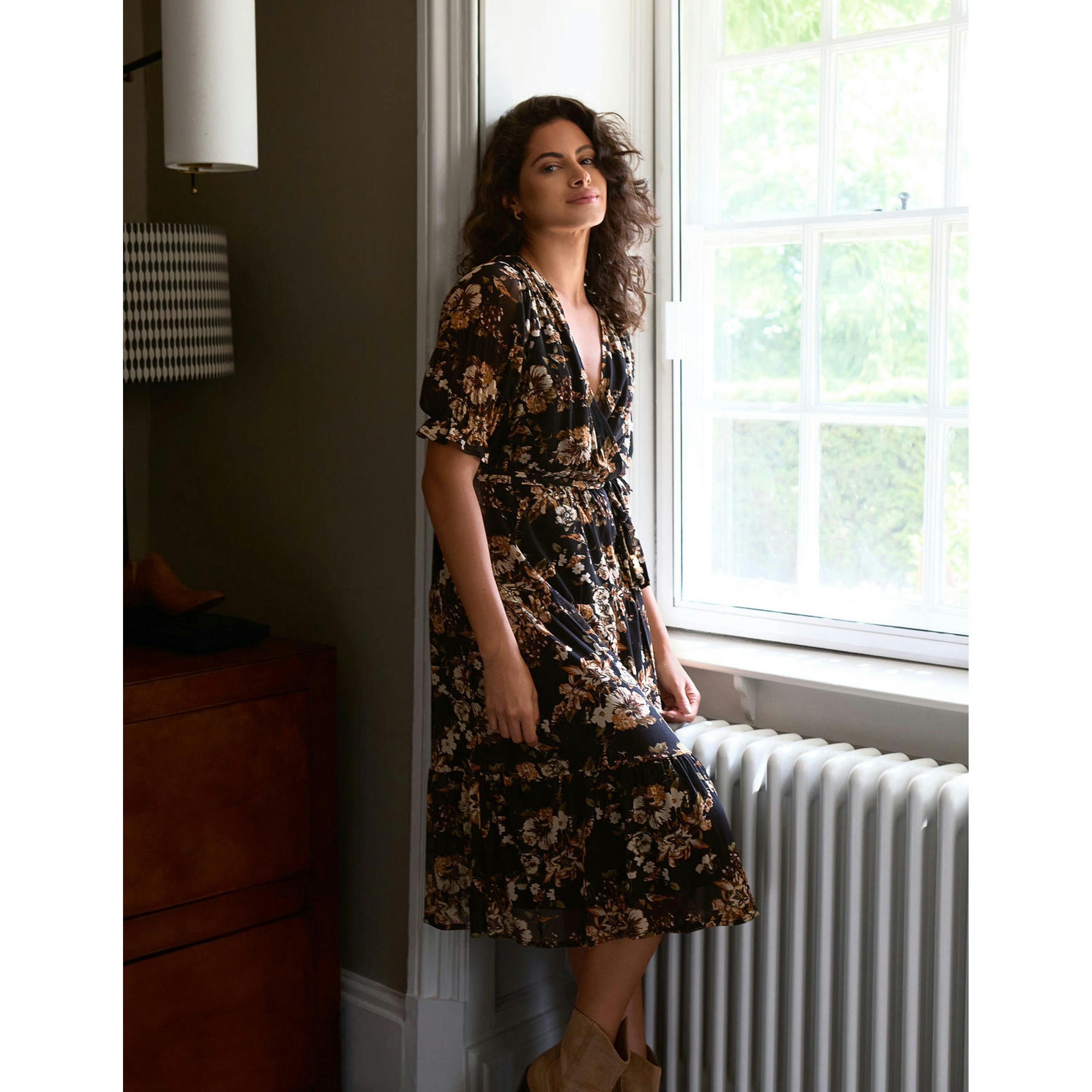 Blue Vanilla Floral Mesh Wrap Front Tiered Midi Dress  in Brown , view 5 of 5