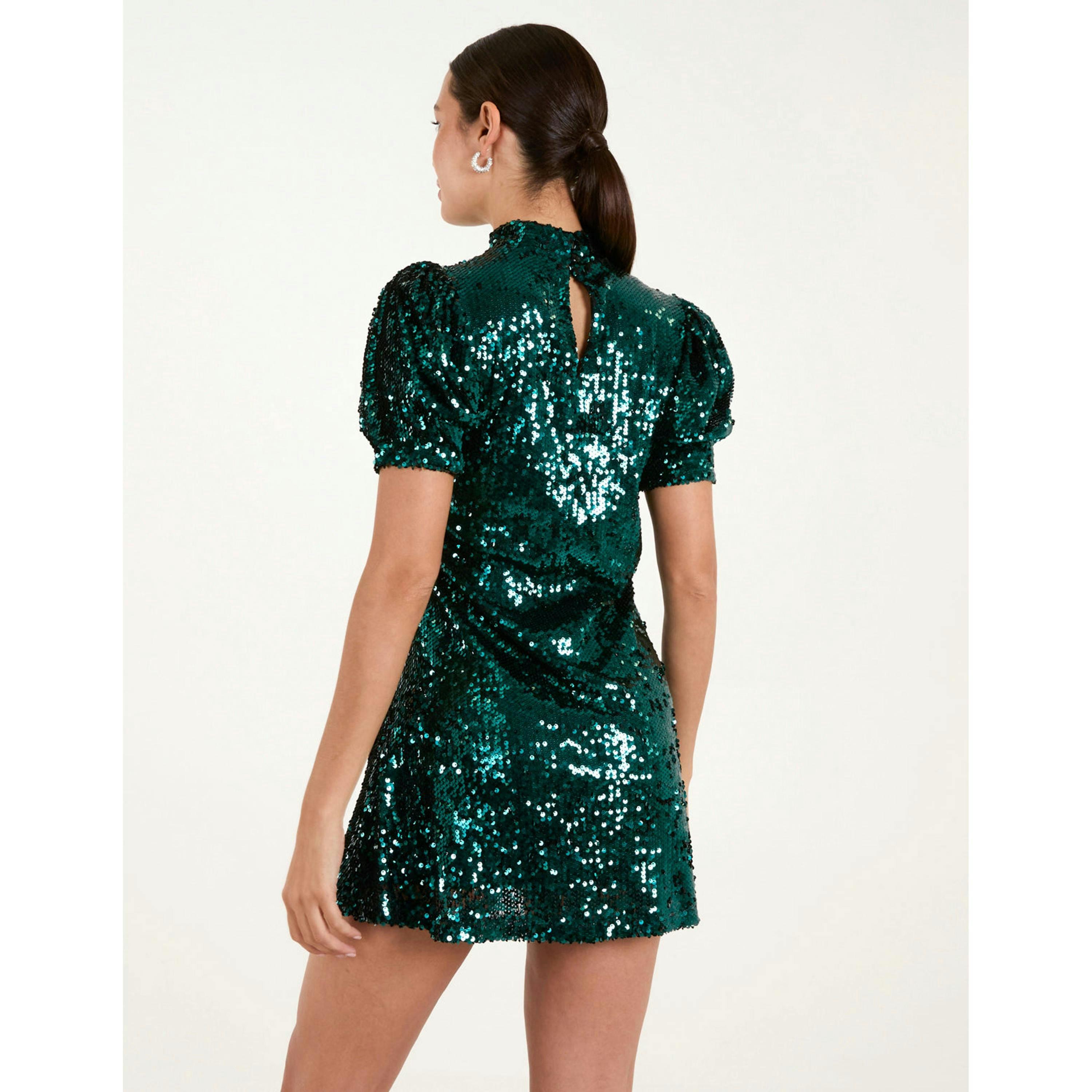Blue Vanilla Puff Sleeve Sequin Dress  in Green , view 2 of 5
