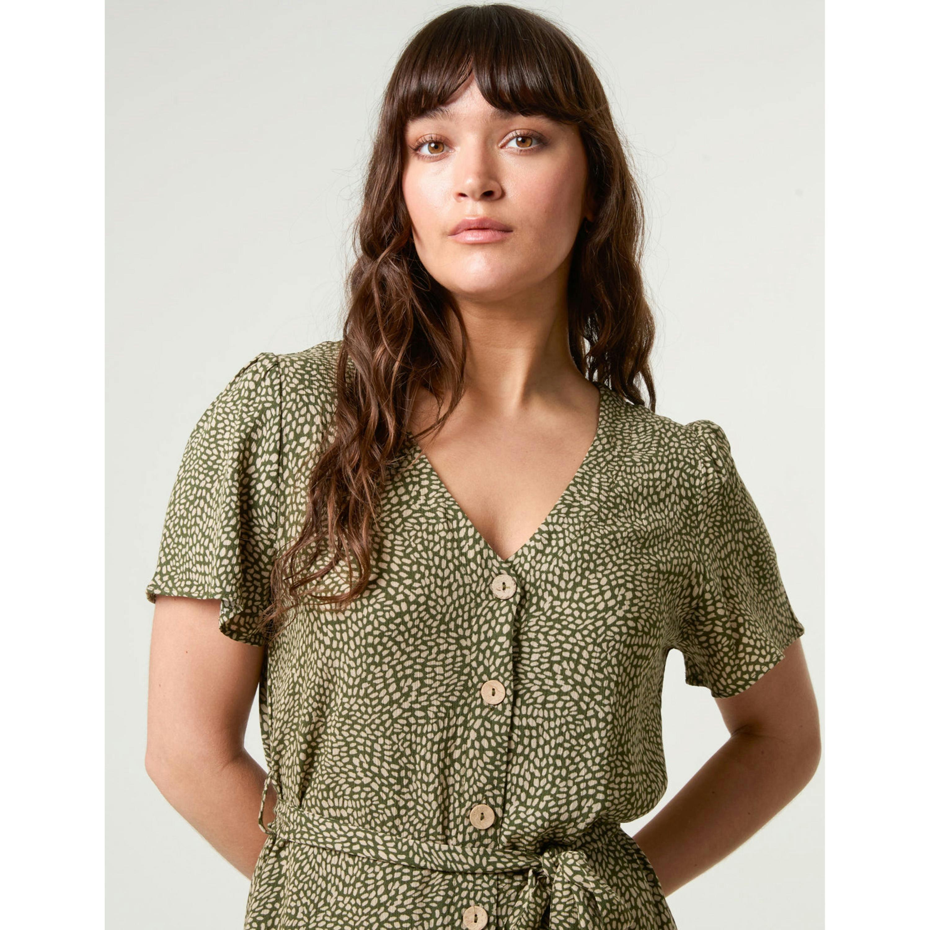 Blue Vanilla Coconut Button V Neck Tie Waist Midi Dress  in Khaki , view 2 of 5