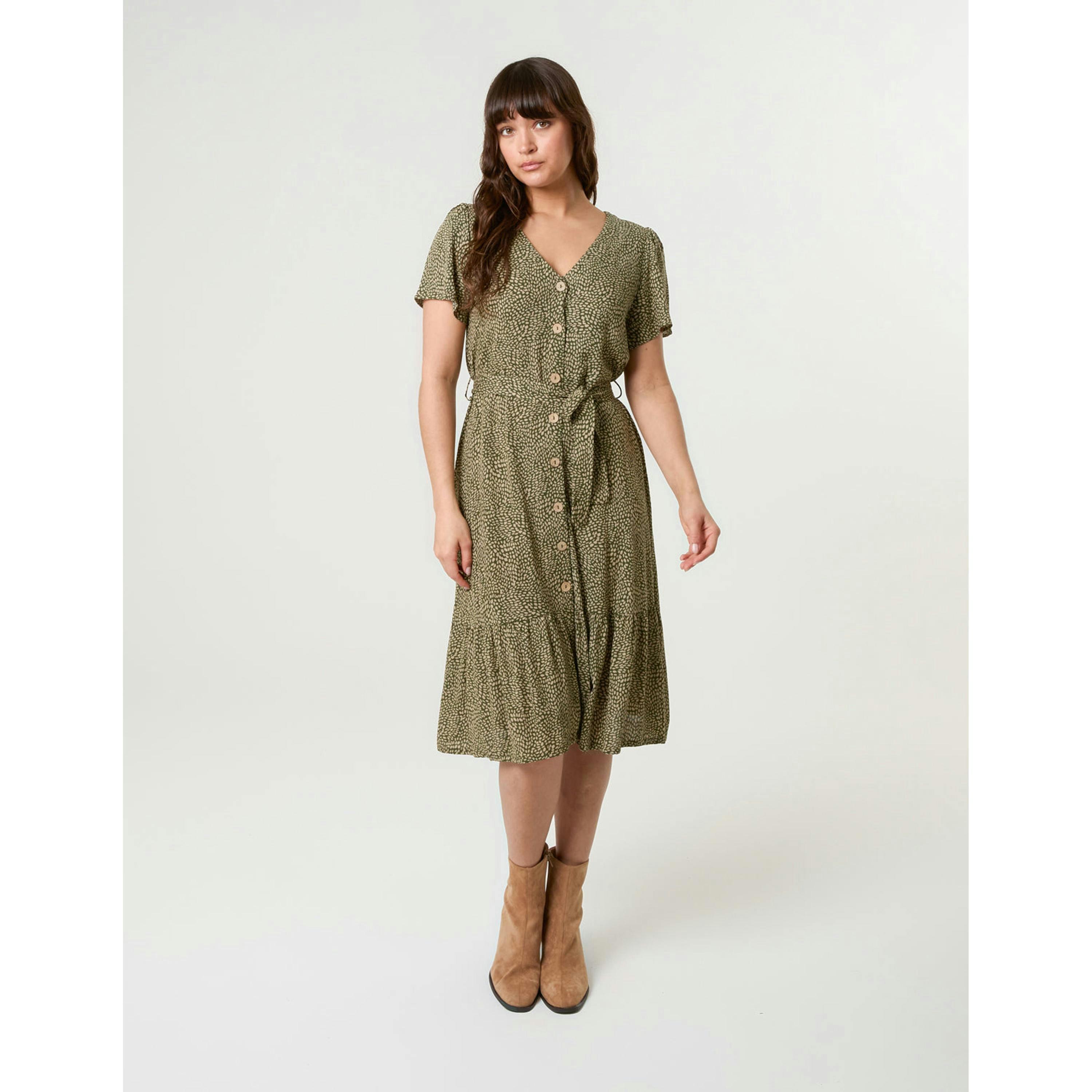 Blue Vanilla Coconut Button V Neck Tie Waist Midi Dress  in Khaki , view 3 of 5