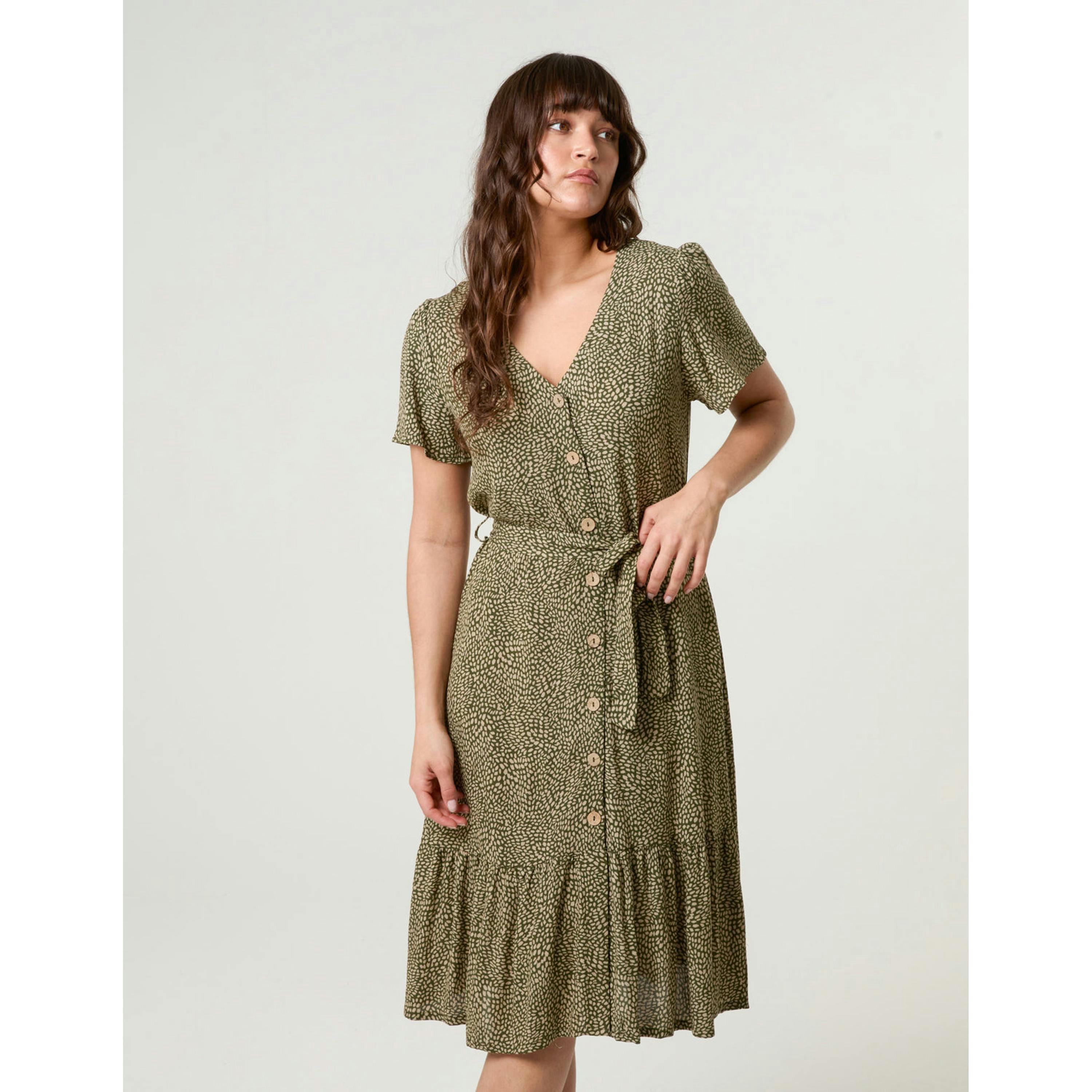 Blue Vanilla Coconut Button V Neck Tie Waist Midi Dress  in Khaki , view 4 of 5