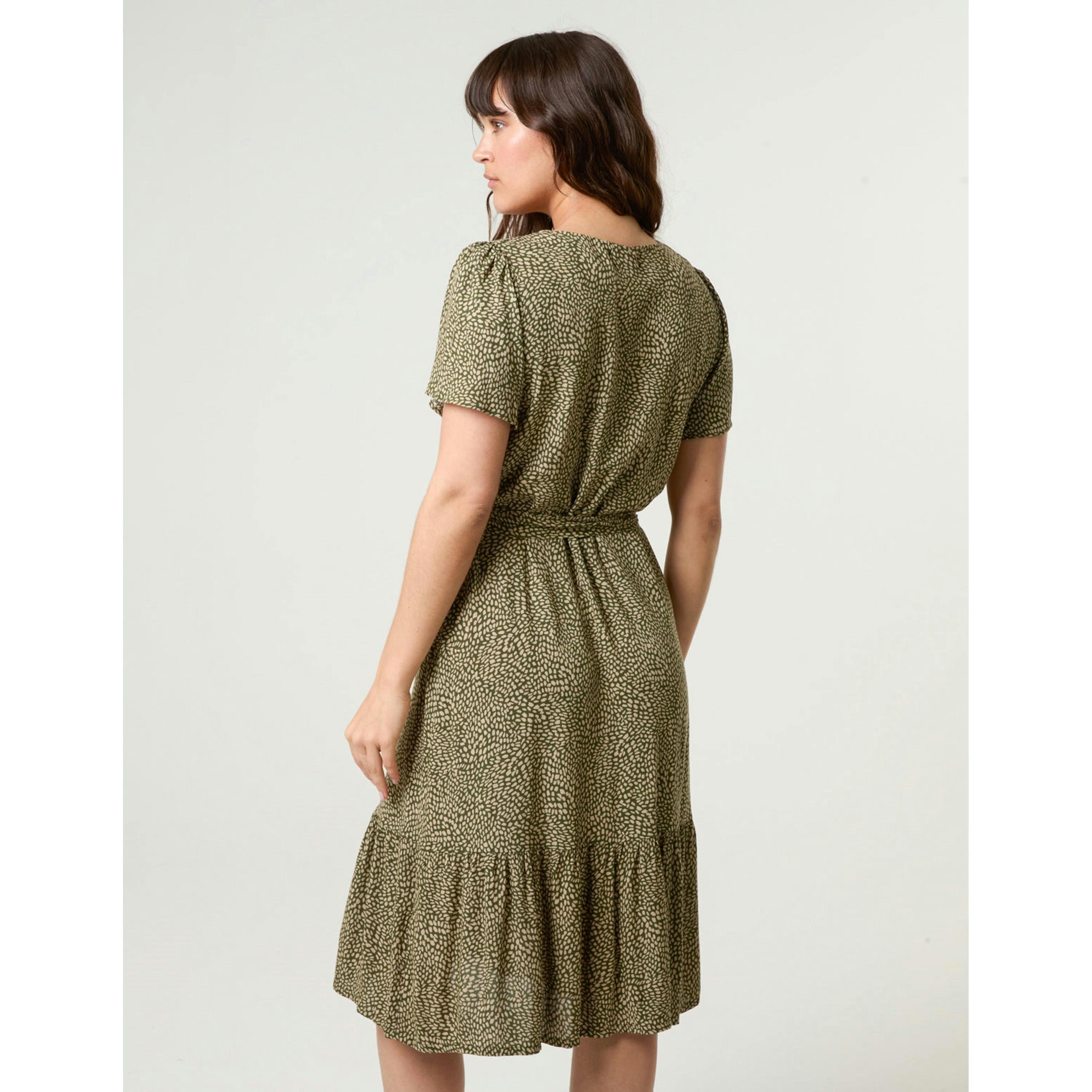 Blue Vanilla Coconut Button V Neck Tie Waist Midi Dress  in Khaki , view 5 of 5