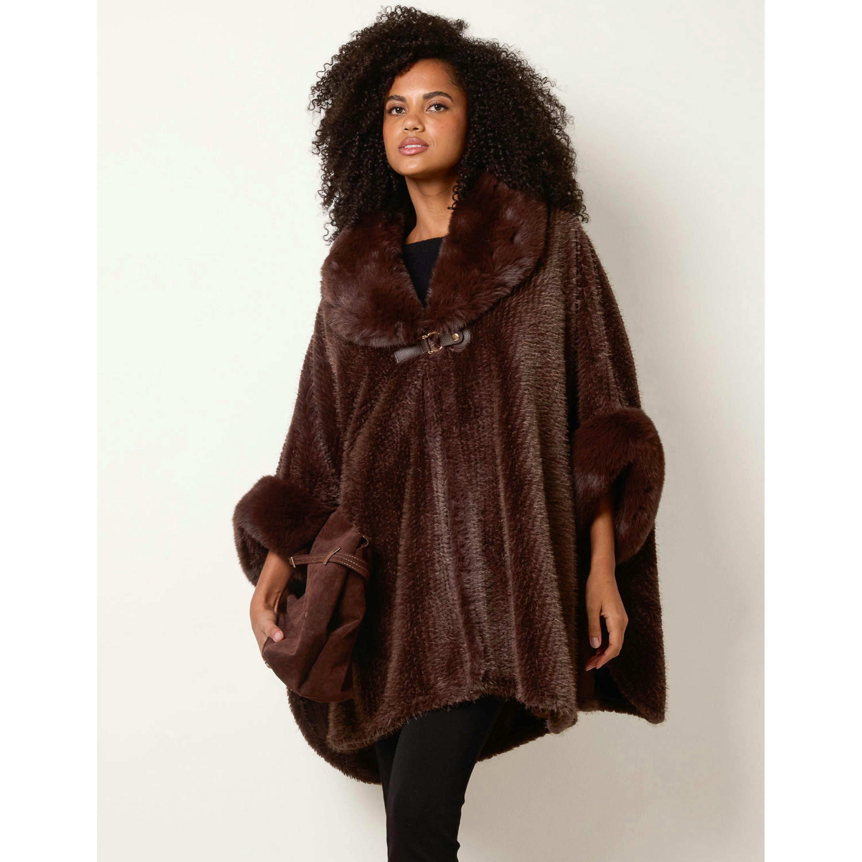 Blue Vanilla Cape With Luxe Fur Trim  in Brown , view 2 of 4