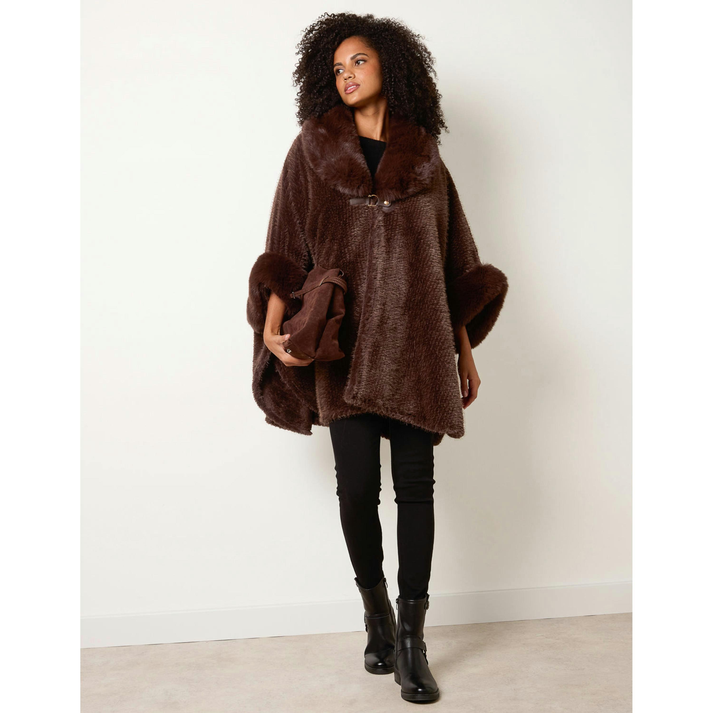 Blue Vanilla Cape With Luxe Fur Trim  in Brown , view 3 of 4