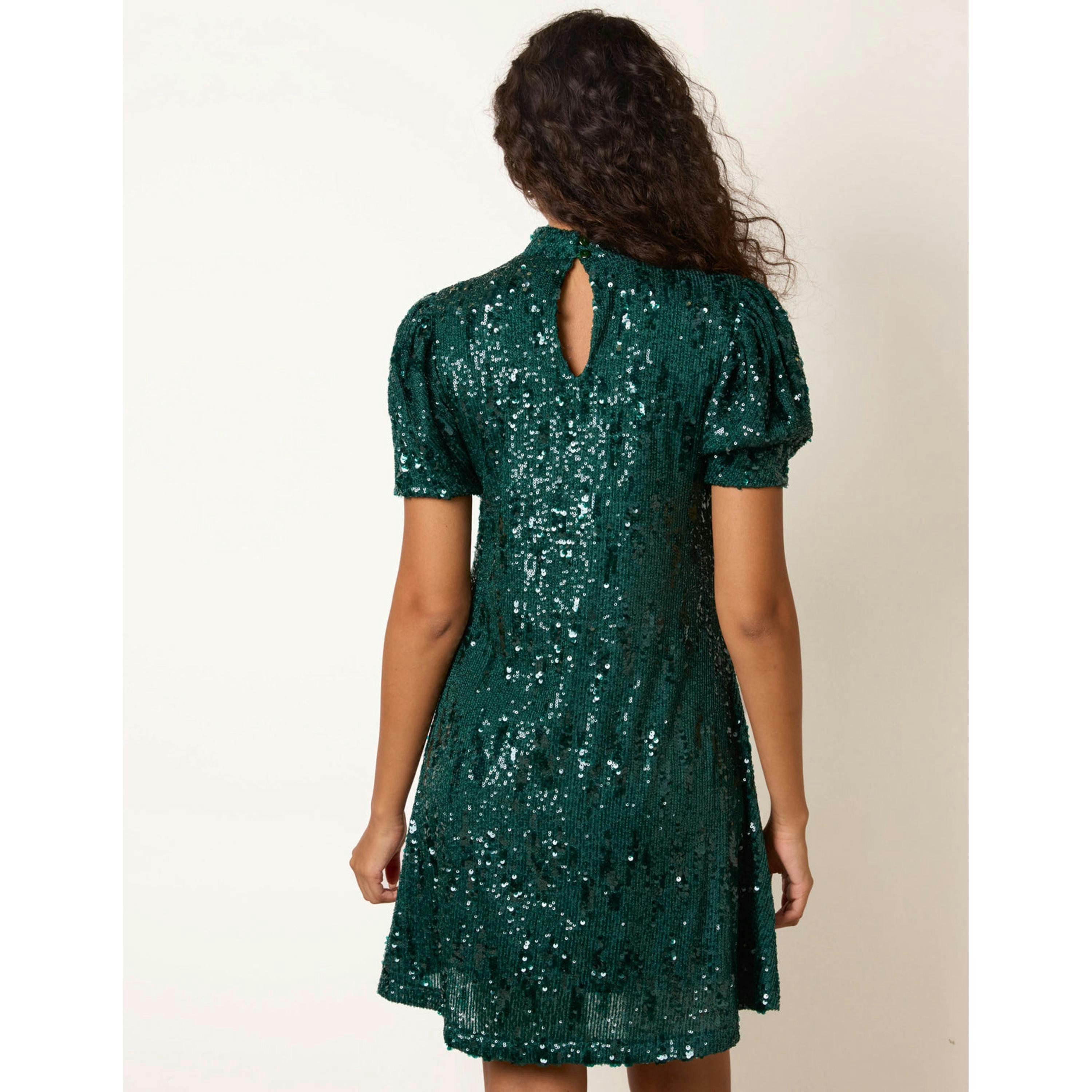 Blue Vanilla Puff Sleeve Sequin Mini Swing Dress  in Green , view 2 of 4
