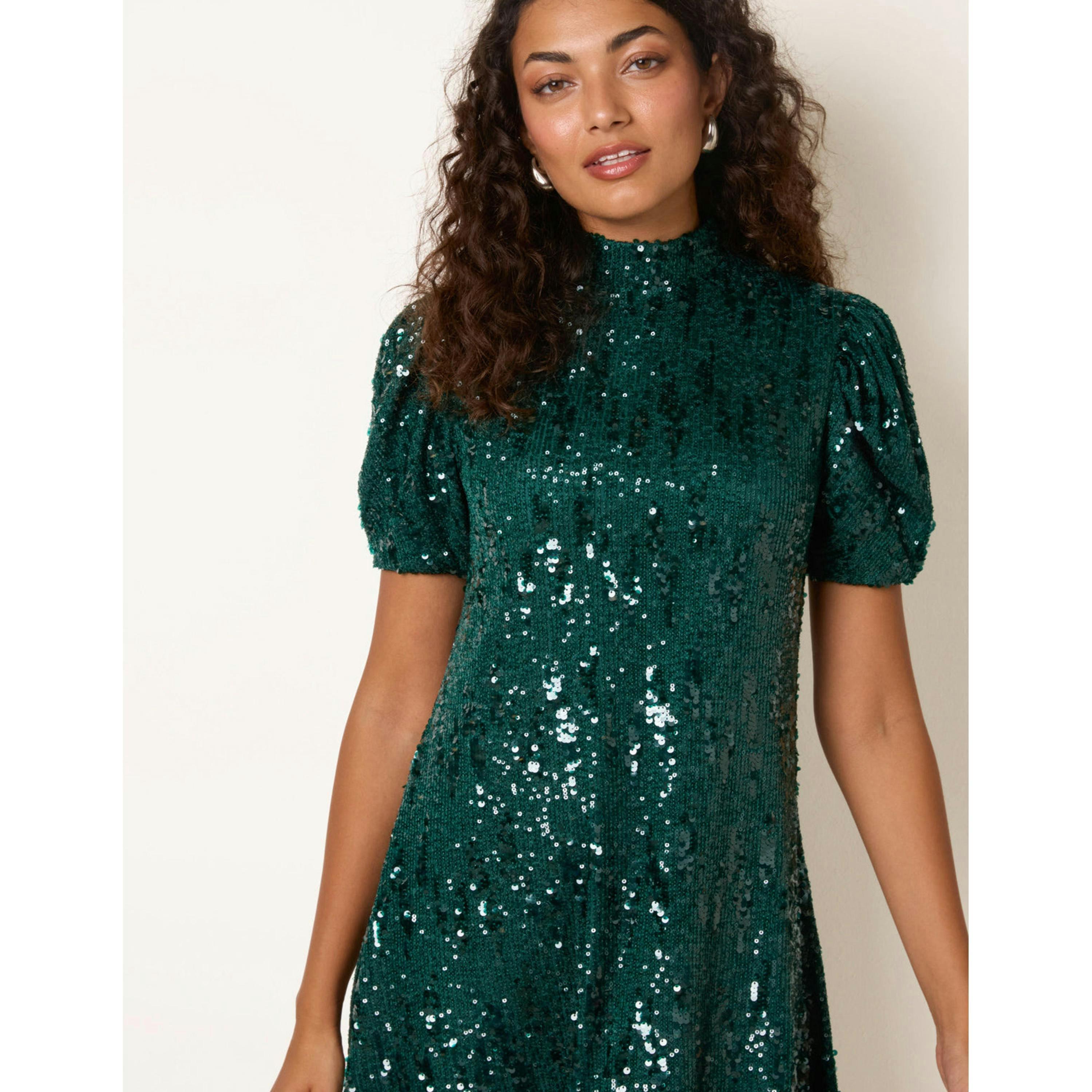 Blue Vanilla Puff Sleeve Sequin Mini Swing Dress  in Green , view 3 of 4