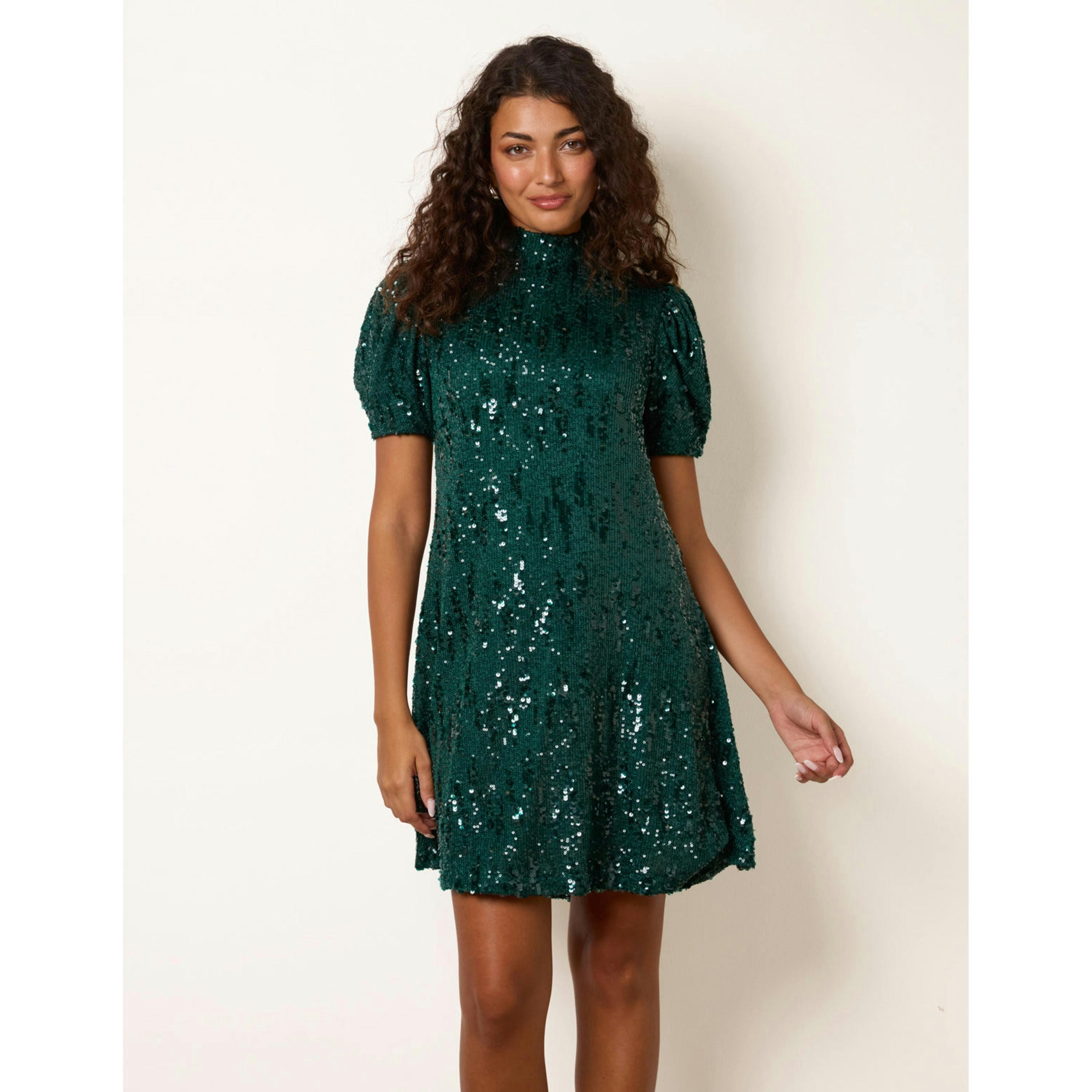 Blue Vanilla Puff Sleeve Sequin Mini Swing Dress  in Green , view 4 of 4