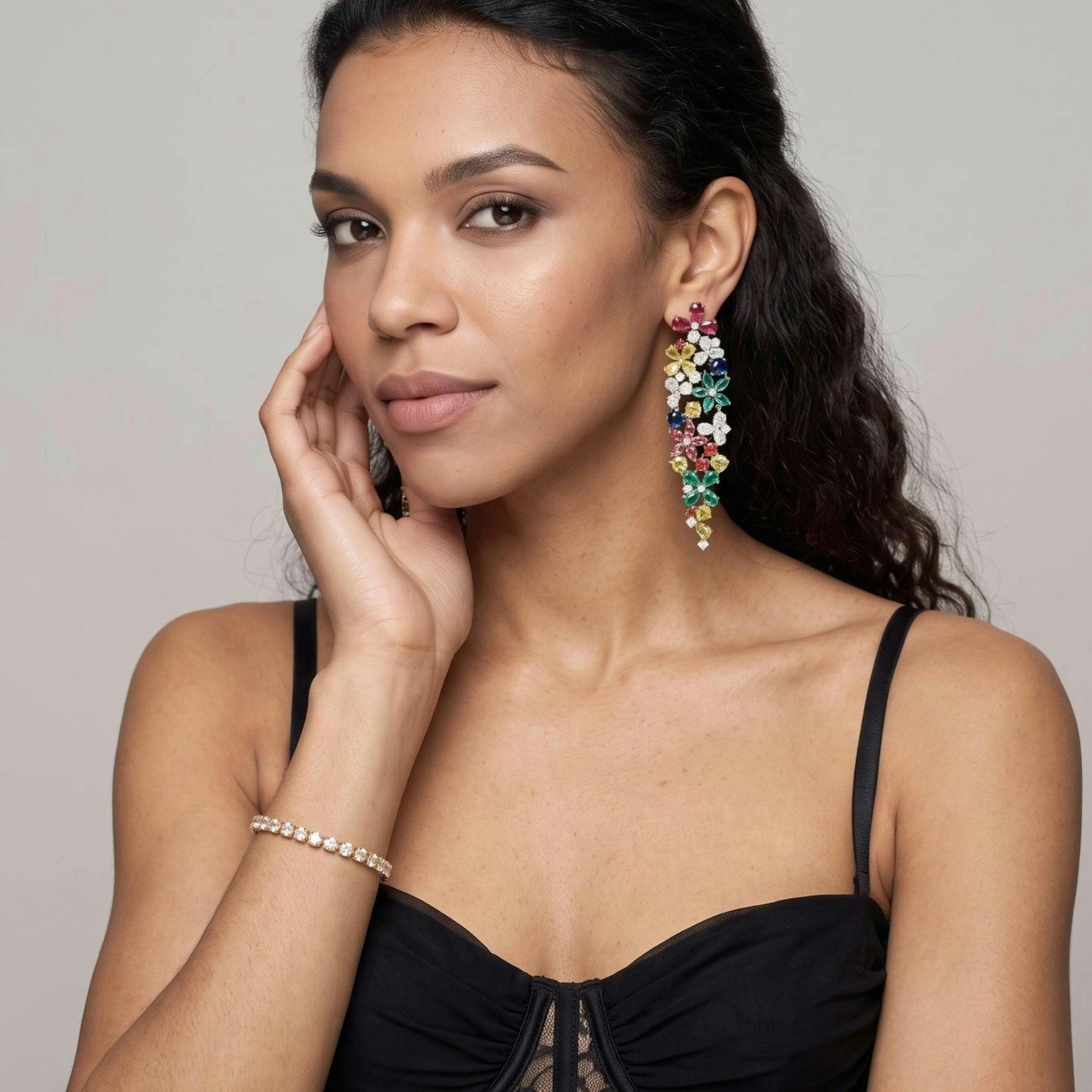 Hanabi Multi Stone Floral Chandelier Earrings , view 2 of 5