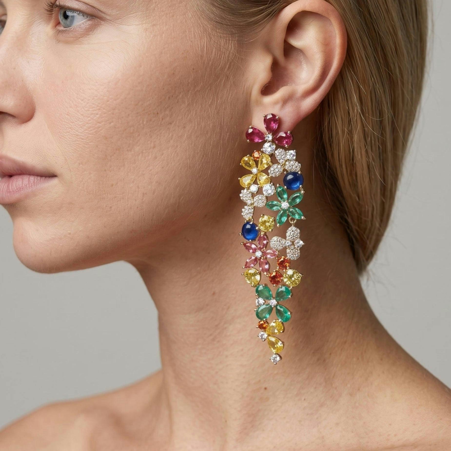 Hanabi Multi Stone Floral Chandelier Earrings , view 3 of 5