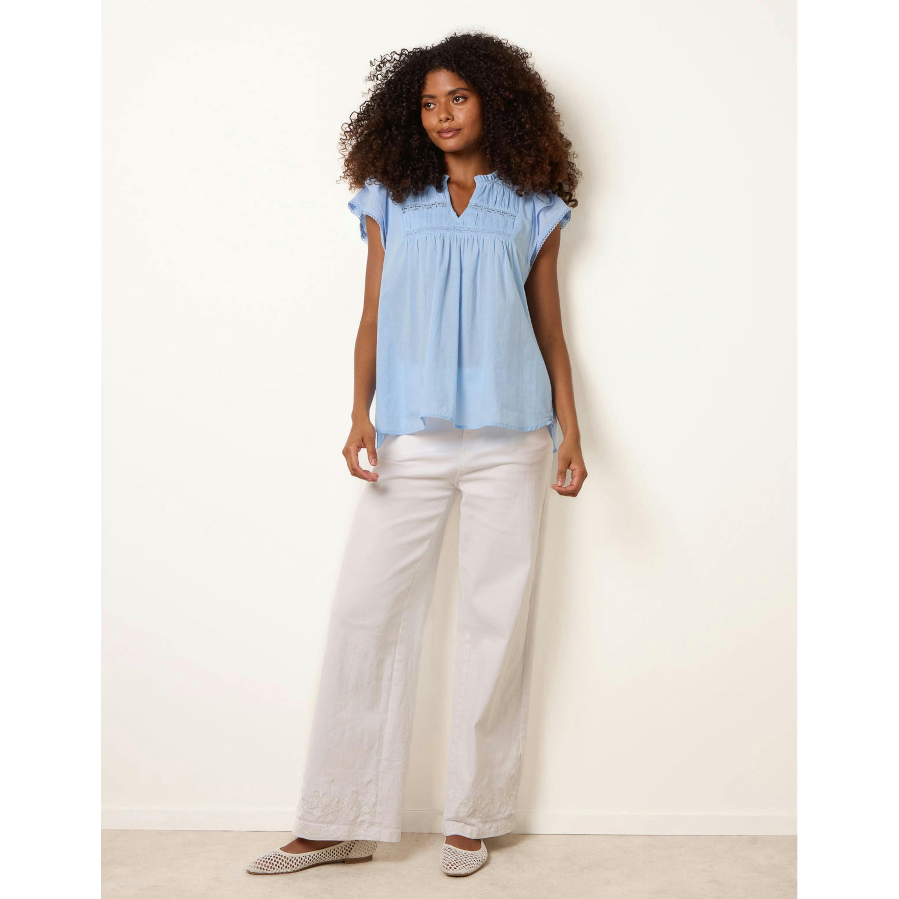 Blue Vanilla Cotton Embroidery Detail Ruffle Sleeve Top  in Blue , view 2 of 4