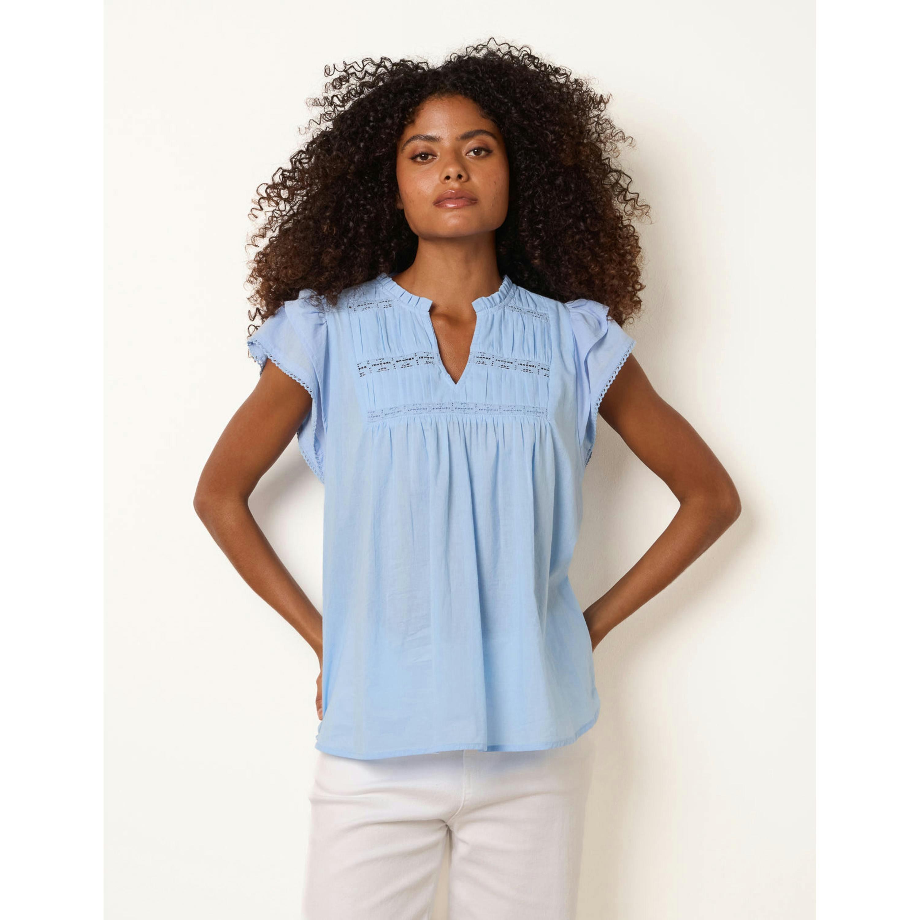 Blue Vanilla Cotton Embroidery Detail Ruffle Sleeve Top  in Blue , view 3 of 4