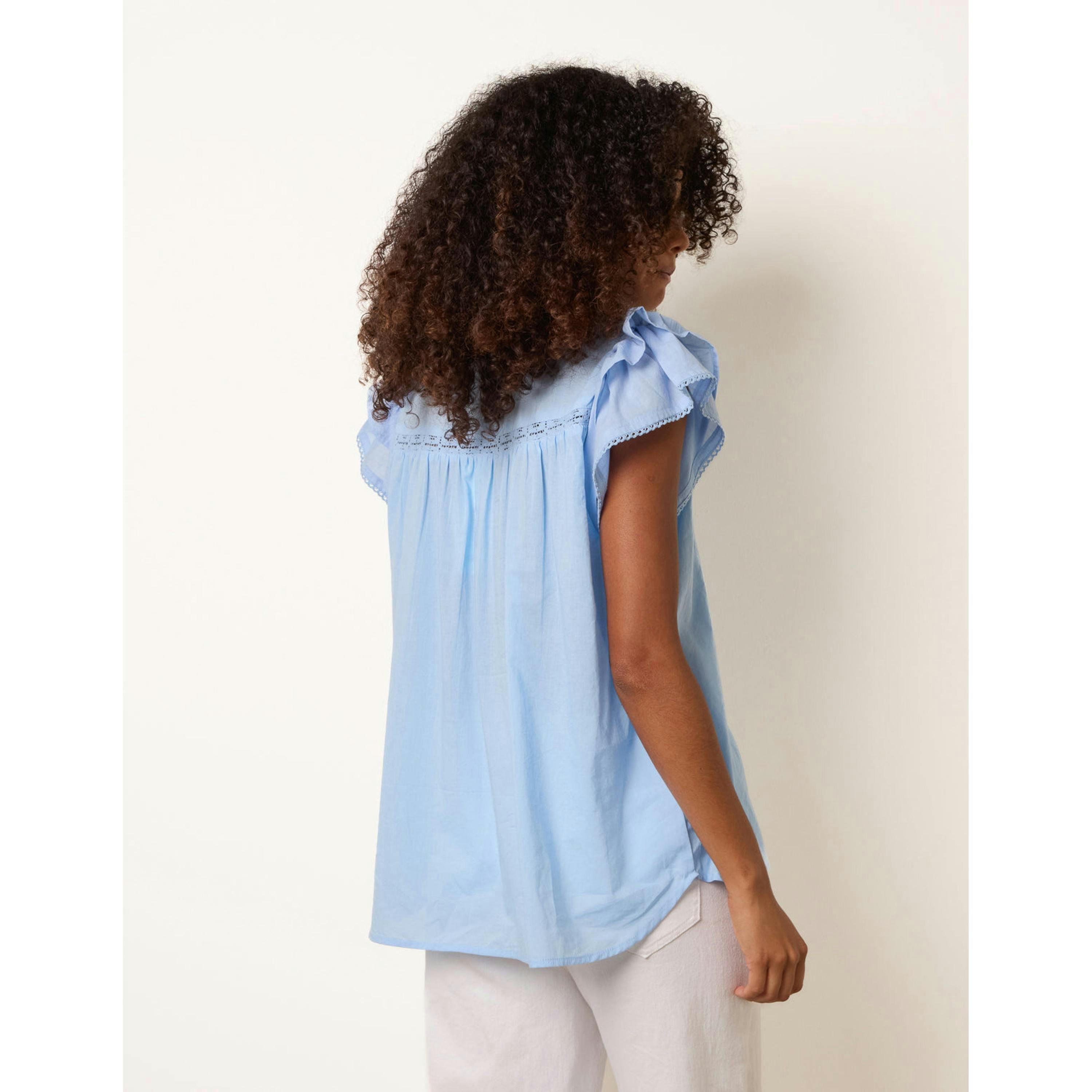 Blue Vanilla Cotton Embroidery Detail Ruffle Sleeve Top  in Blue , view 4 of 4