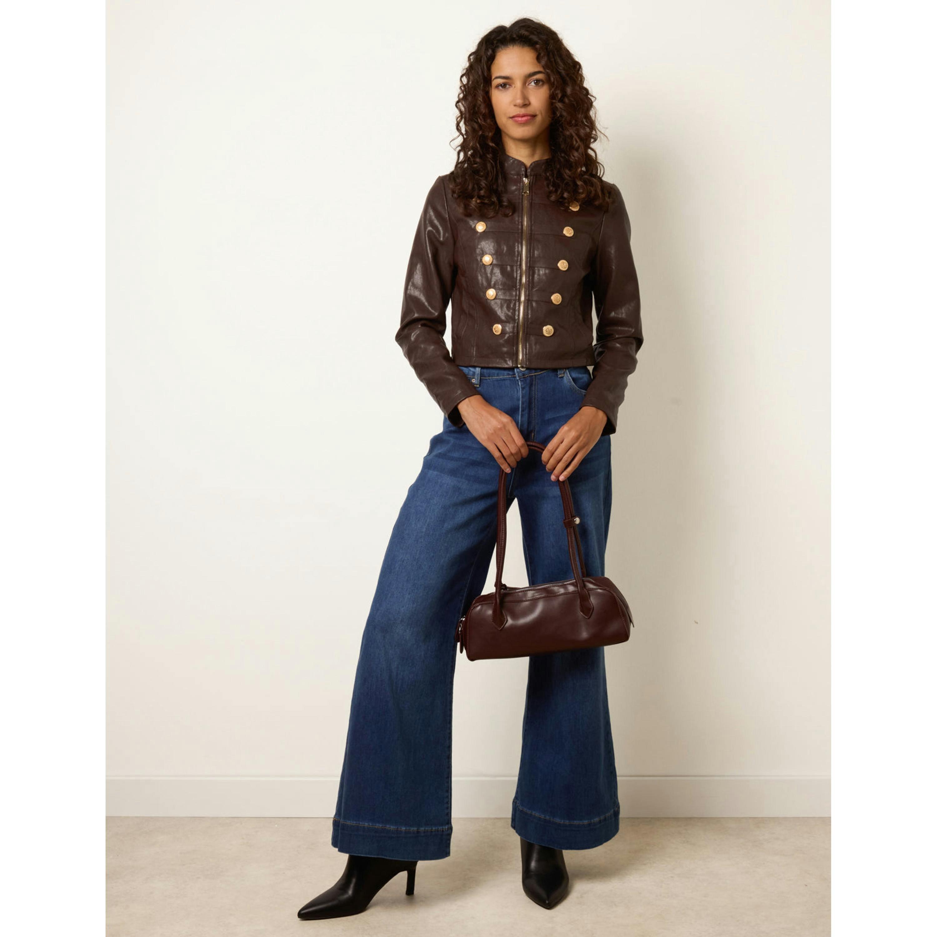 Blue Vanilla Military Button PU Jacket  in Brown , view 3 of 4