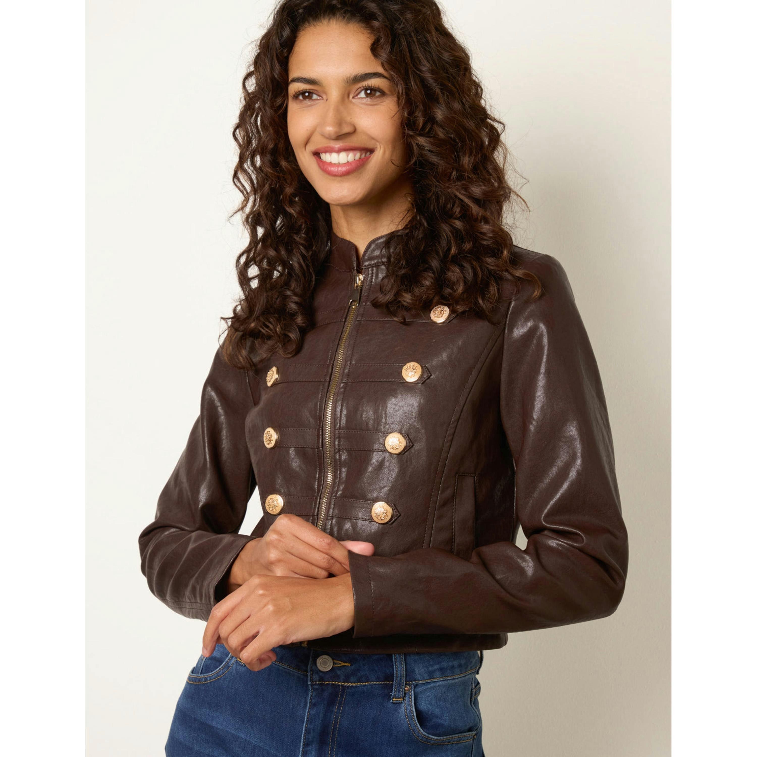 Blue Vanilla Military Button PU Jacket  in Brown , view 4 of 4
